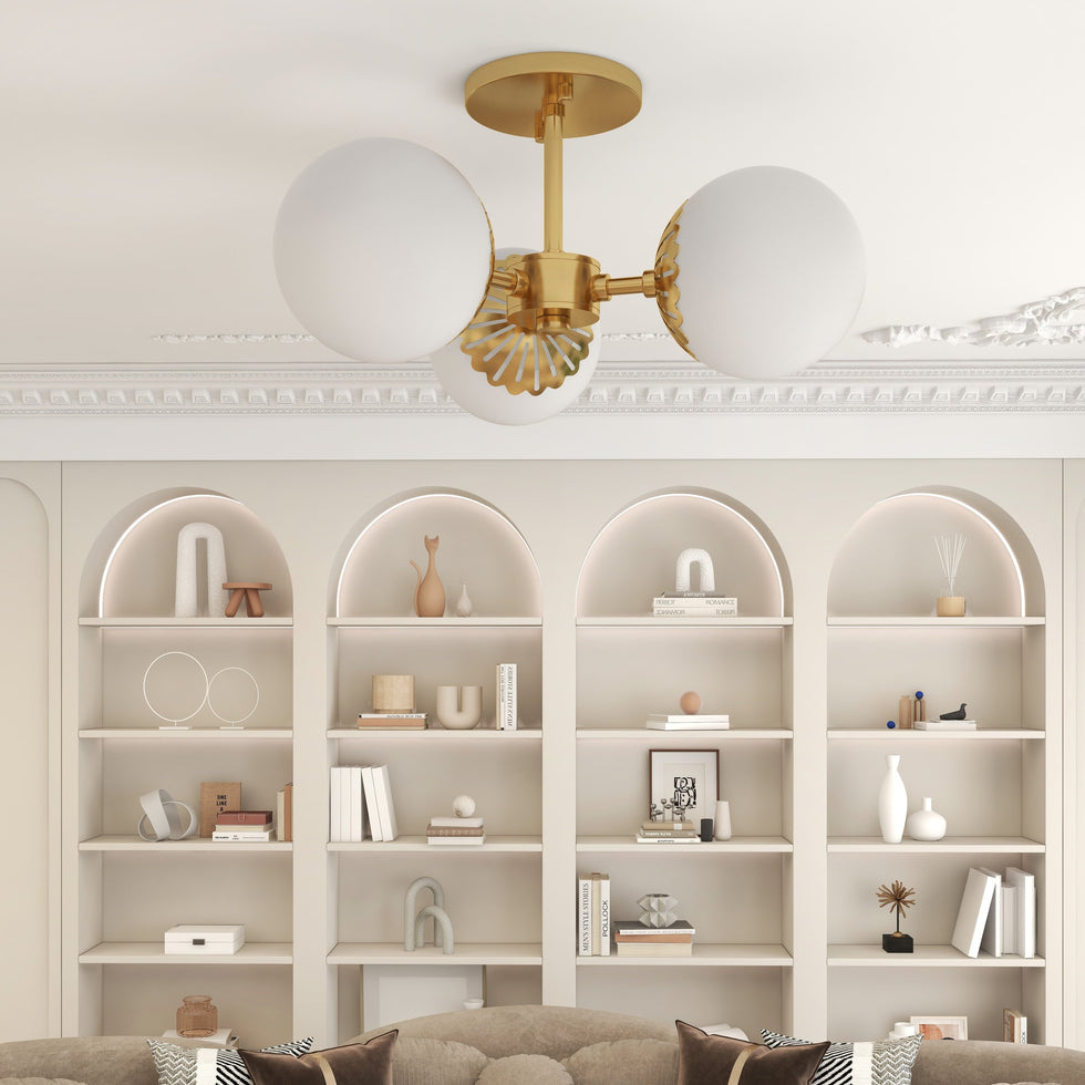HMR - 3-Light Semi Flush Mount Light with Globe Shade in Gold