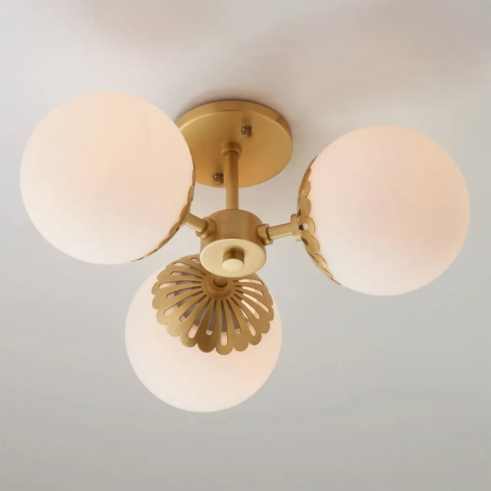 HMR - 3-Light Semi Flush Mount Light with Globe Shade in Gold