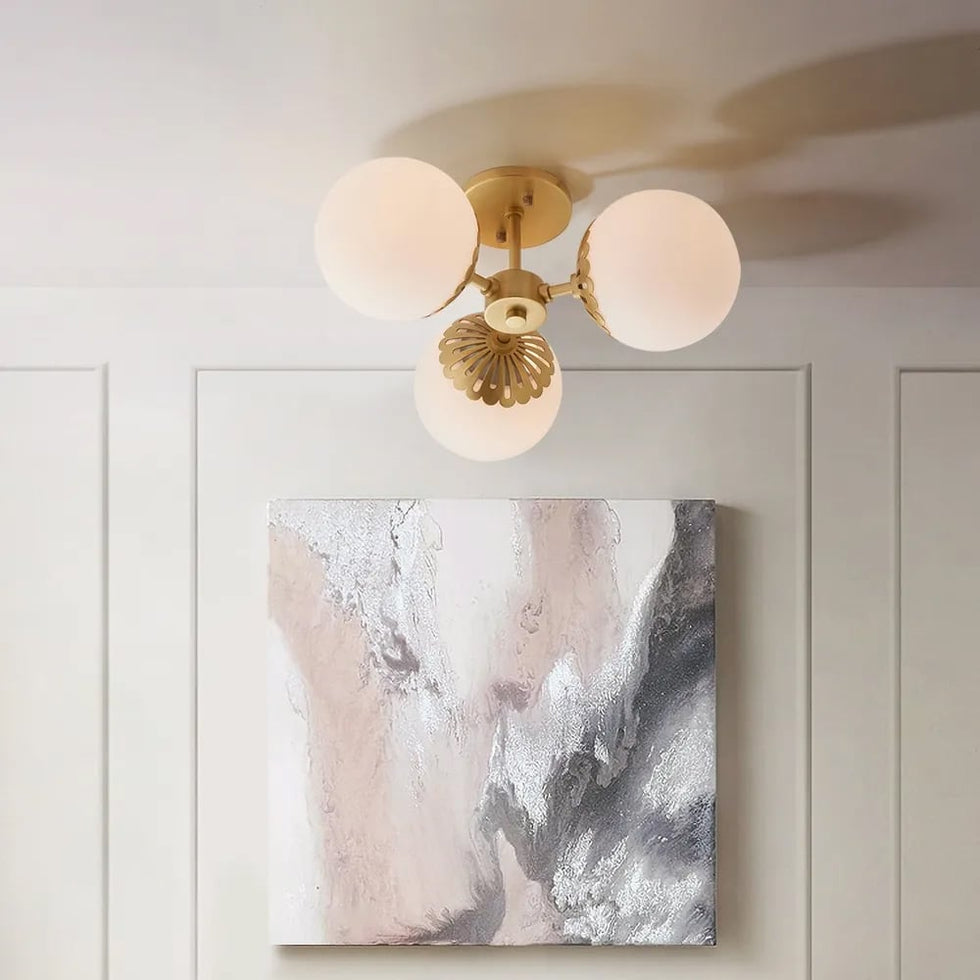 HMR - 3-Light Semi Flush Mount Light with Globe Shade in Gold