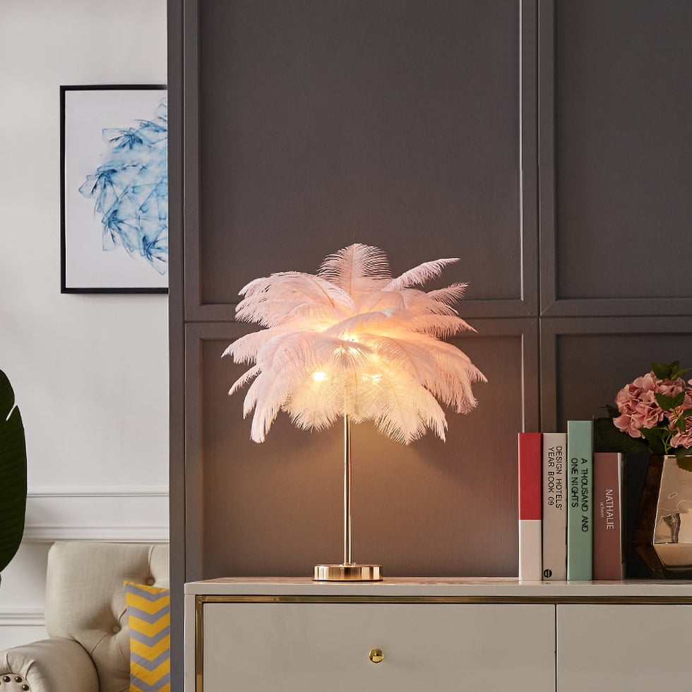 HMR - Loftus Art Deco Gold Portable Table Lamp with Feather & USB Charging