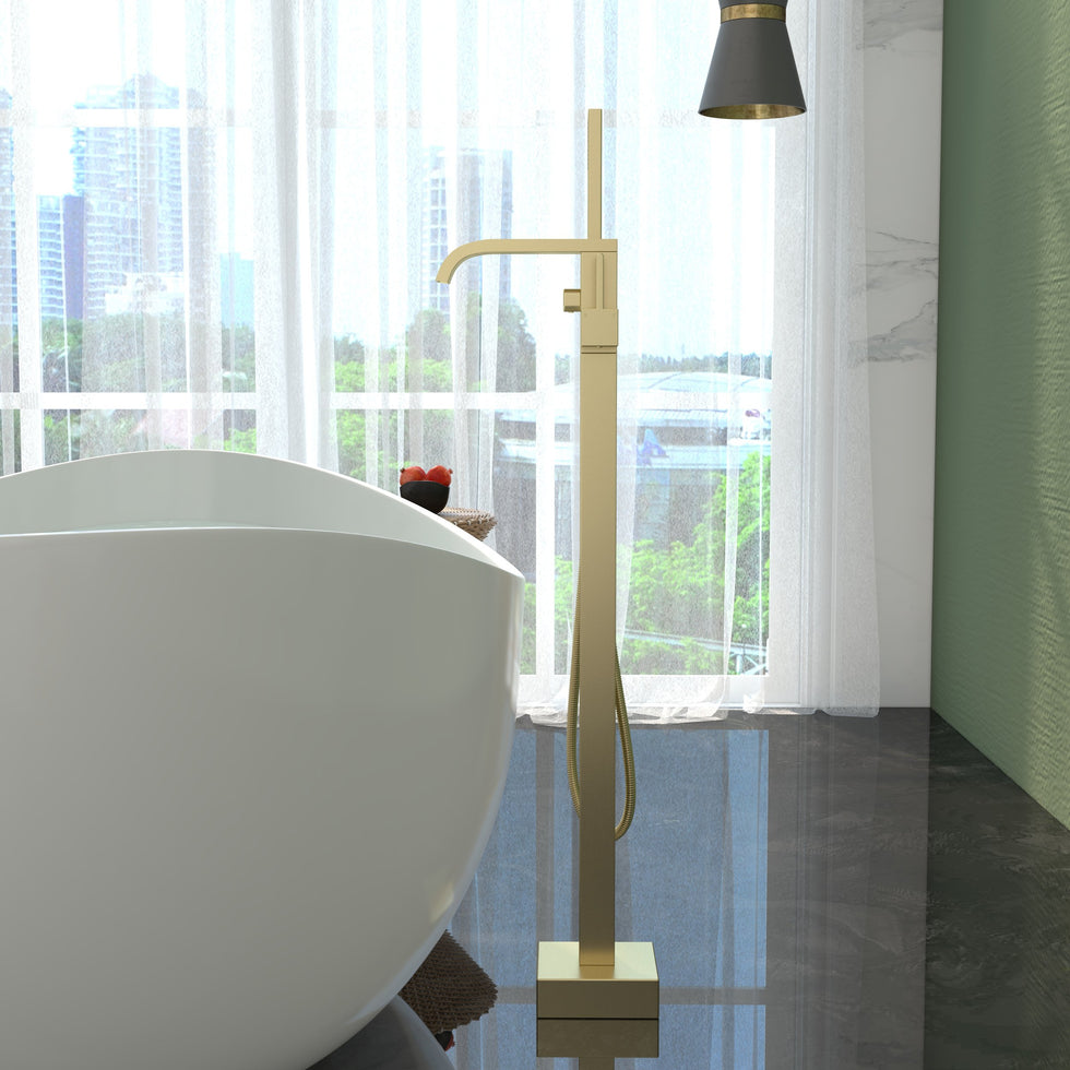 HMR - Dree Floor Mounted Faucet with Handheld Shower in Brushed Nickel, Brass