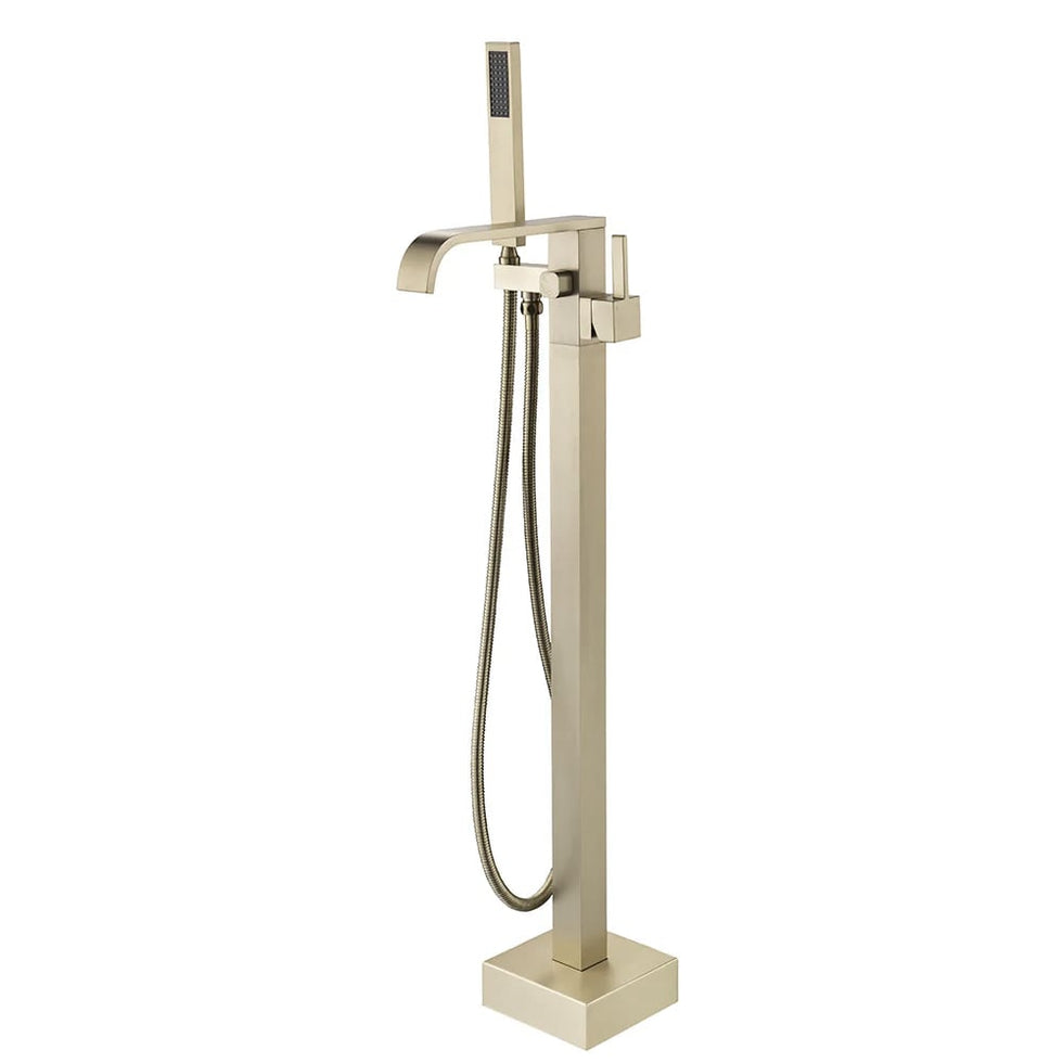 HMR - Dree Floor Mounted Faucet with Handheld Shower in Brushed Nickel, Brass