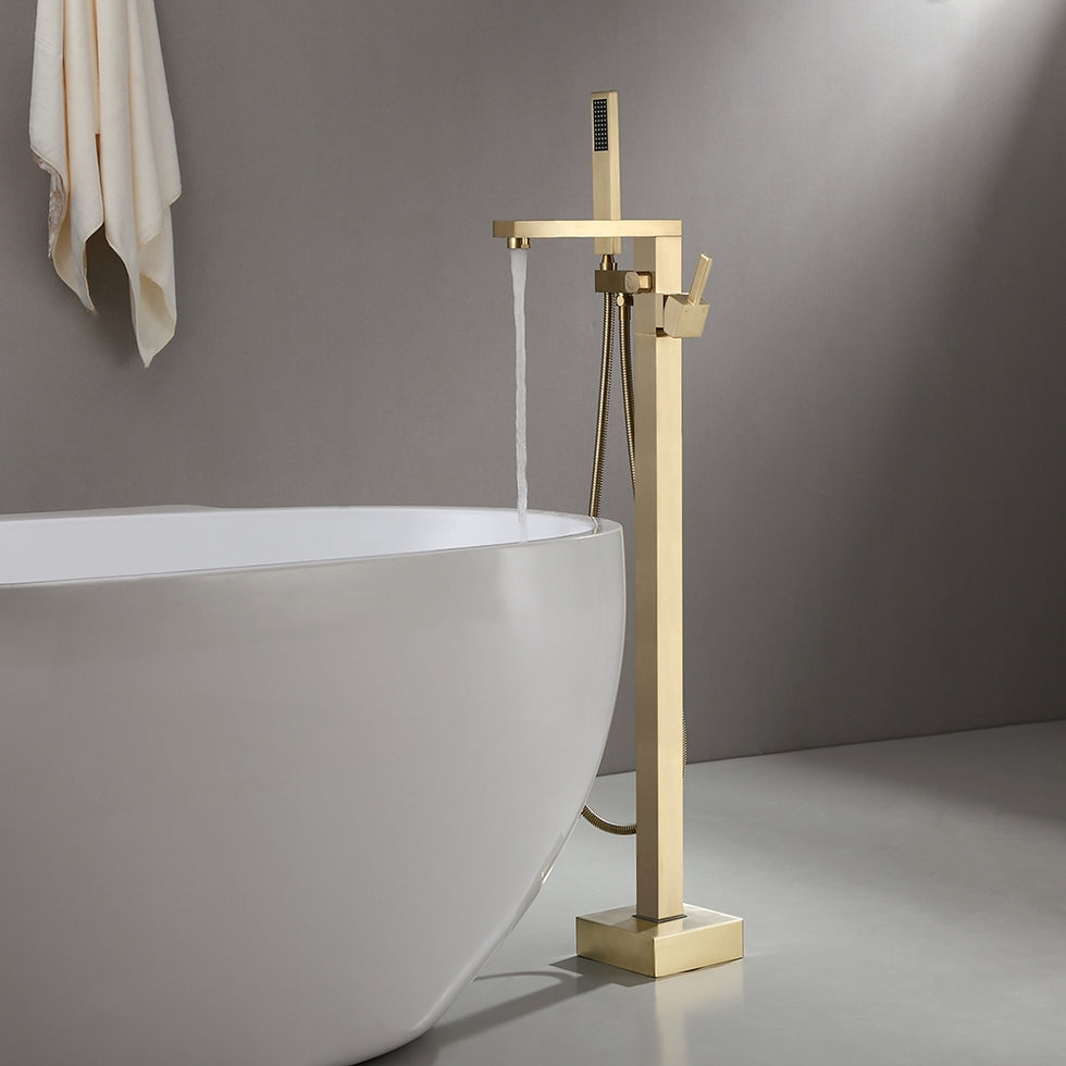 HMR - Dree Tub Filler Floor Mount Faucet with Hand Shower in Brushed Gold
