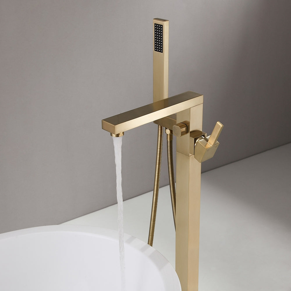 HMR - Dree Tub Filler Floor Mount Faucet with Hand Shower in Brushed Gold