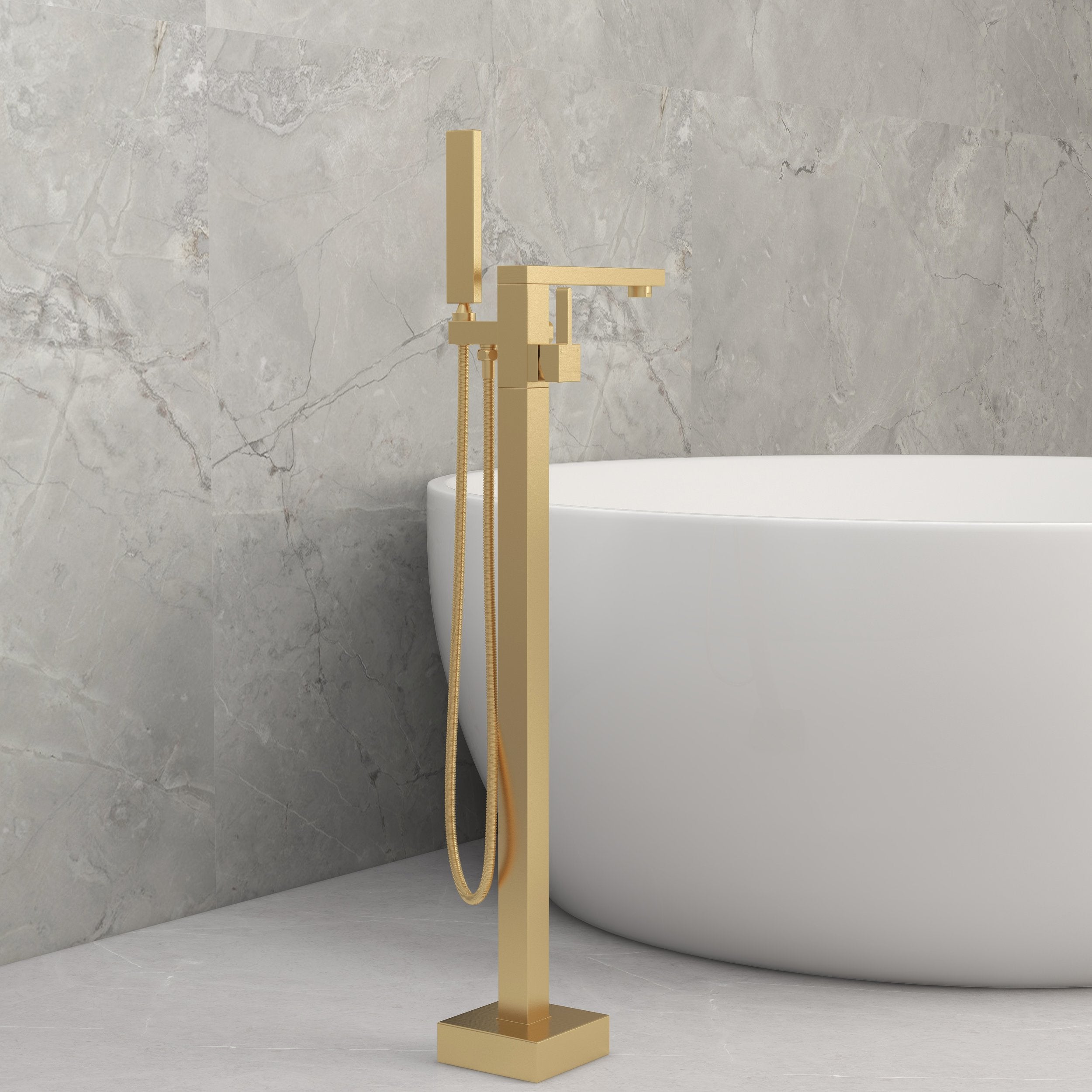 HMR - Dree Tub Filler Floor Mount Faucet with Hand Shower in Brushed Gold