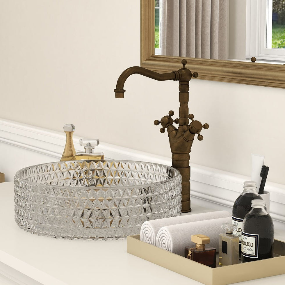 HMR - Classic Style Double Cross Handle Bathroom Faucet in Antique Brass