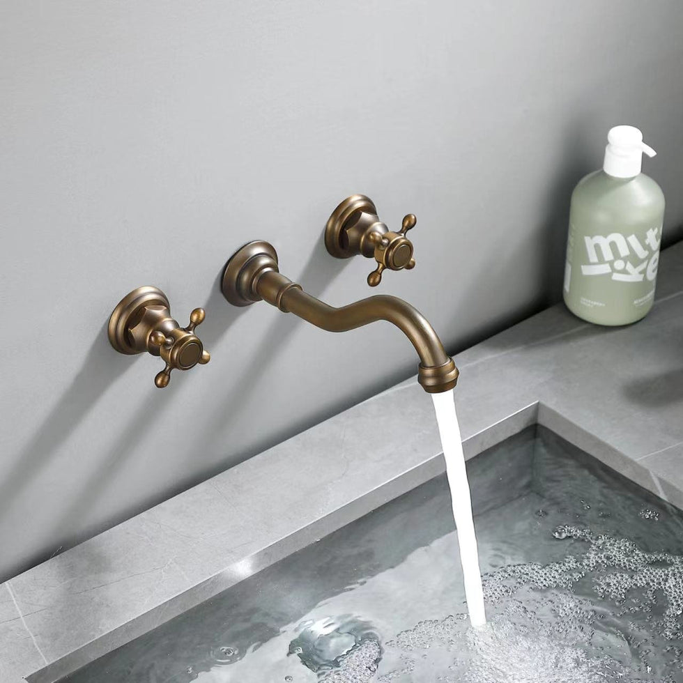 HMR - Wall Mount Bathroom Sink Faucet with 2 Cross Handles in Antique Brass