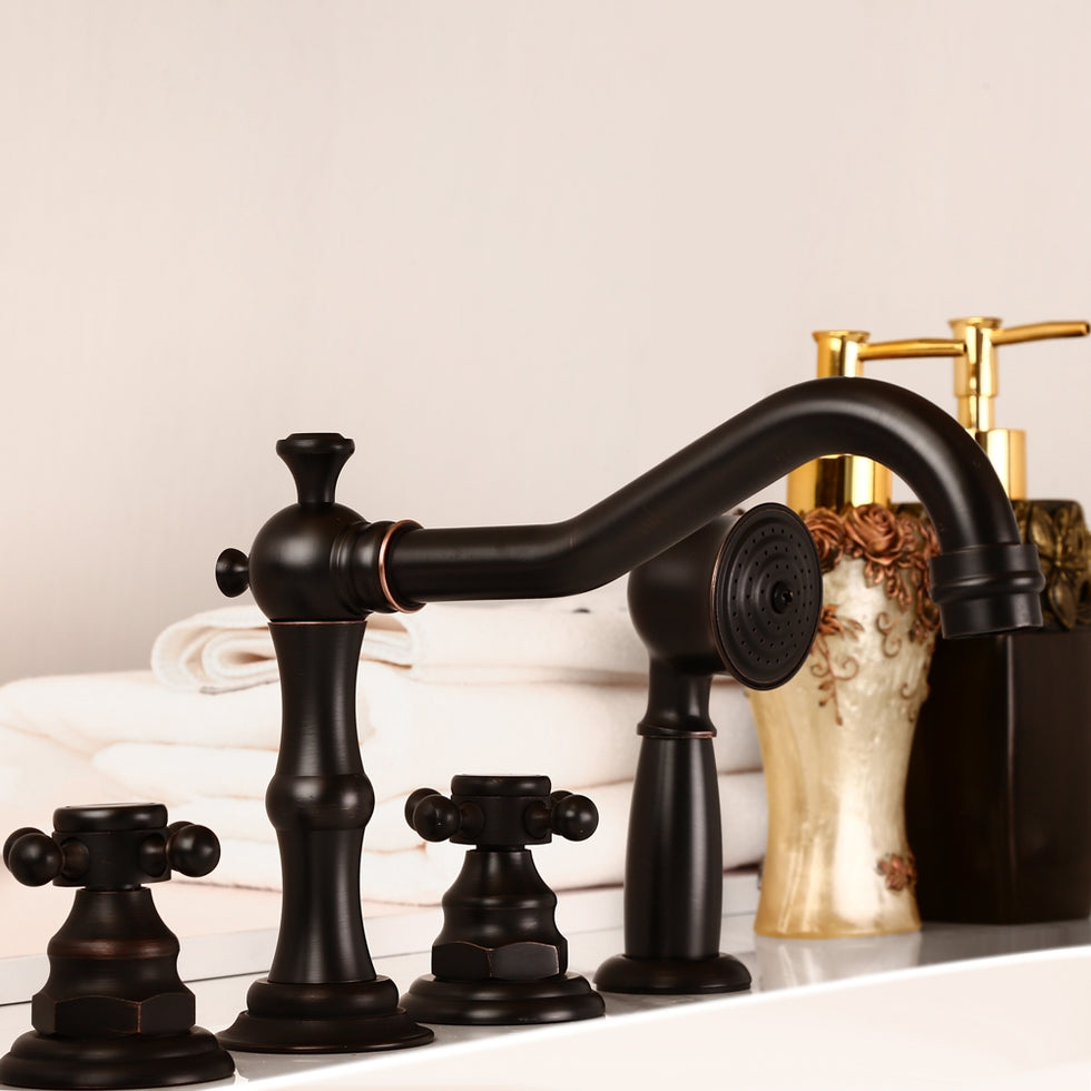 HMR - Chester Triple Cross Handles Deck Mounted Faucet in Black, Brass