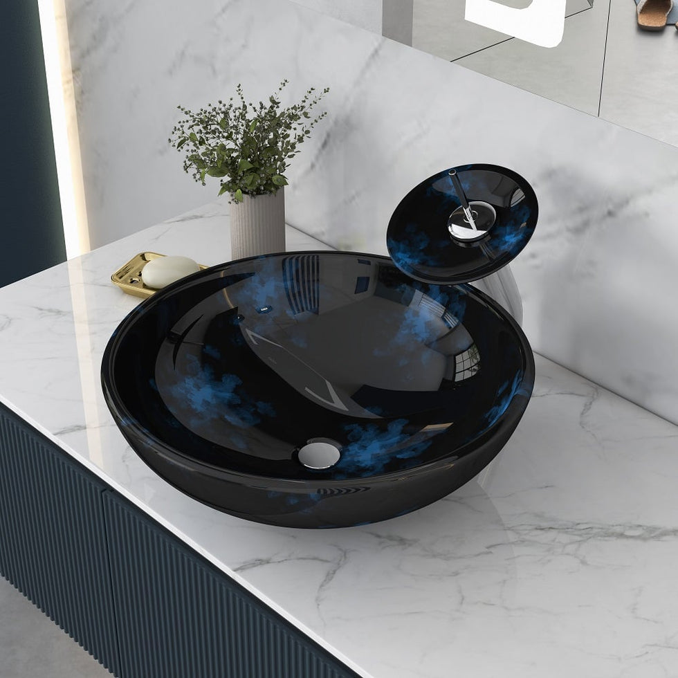HMR - Circular Vessel Sink Faucet Pop-Up Drain in Dark Blue, Tempered Glass