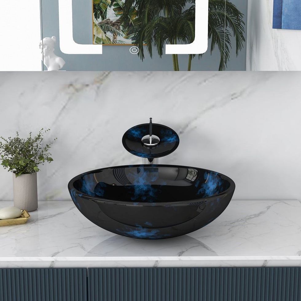 HMR - Circular Vessel Sink Faucet Pop-Up Drain in Dark Blue, Tempered Glass