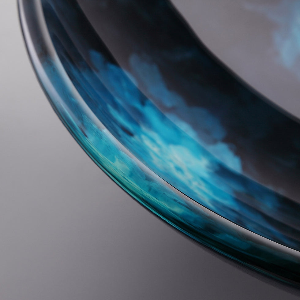 HMR - Circular Vessel Sink Faucet Pop-Up Drain in Dark Blue, Tempered Glass