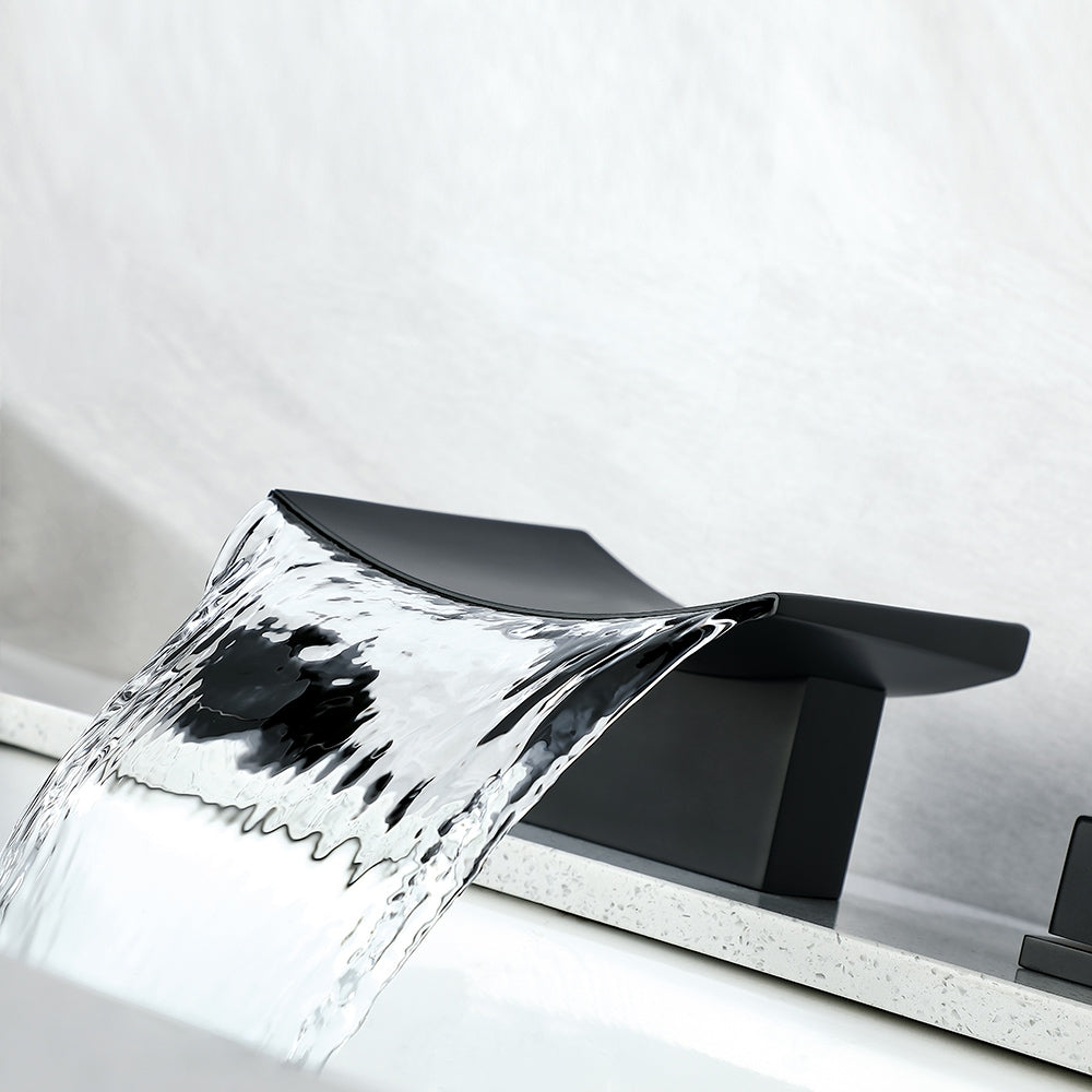HMR - Waterfall Widespread Bathroom Sink Faucet with Double Knobs in Matte Black