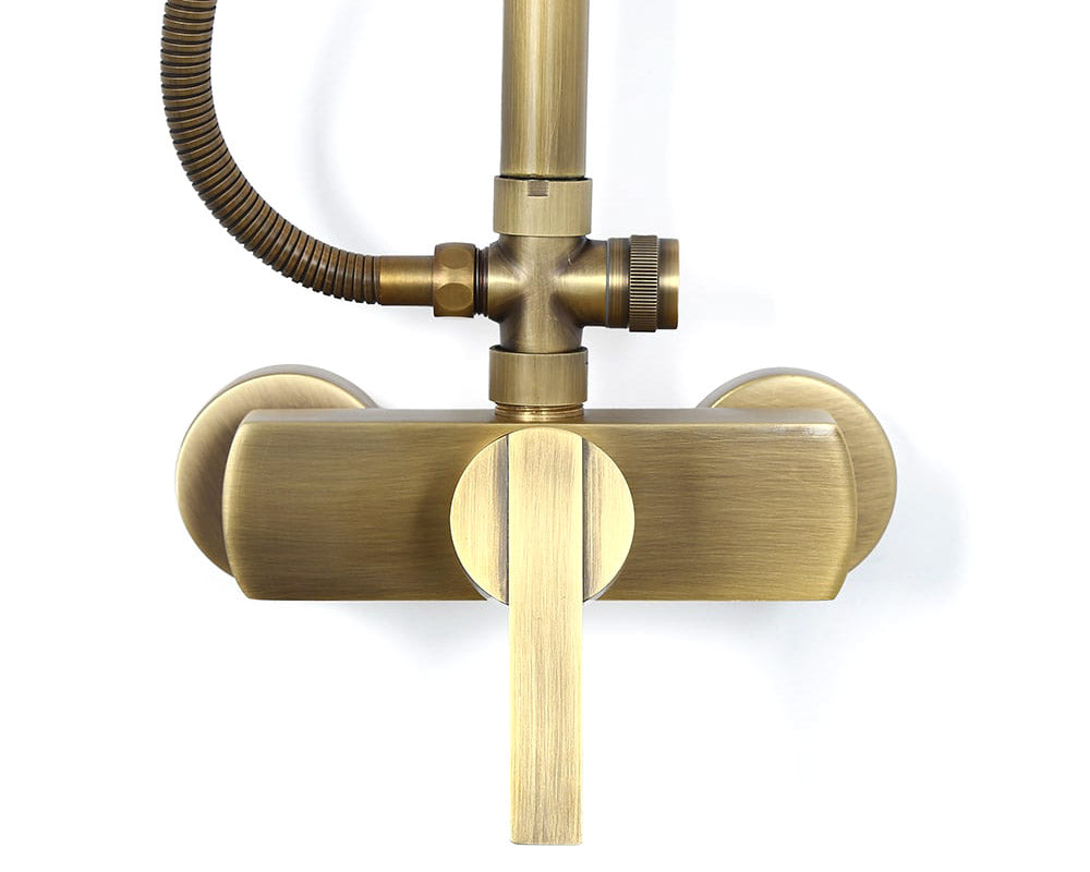 HMR - Antique Brass Exposed Wall Mount Shower System with 8" Rain Shower Head and Hand Shower