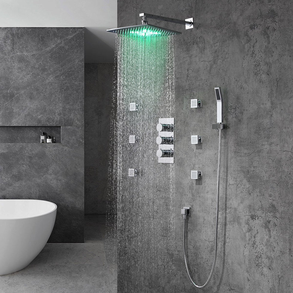 HMR - Wall Mount LED Thermostatic Shower Set with Hand Shower & Body Spray Jets