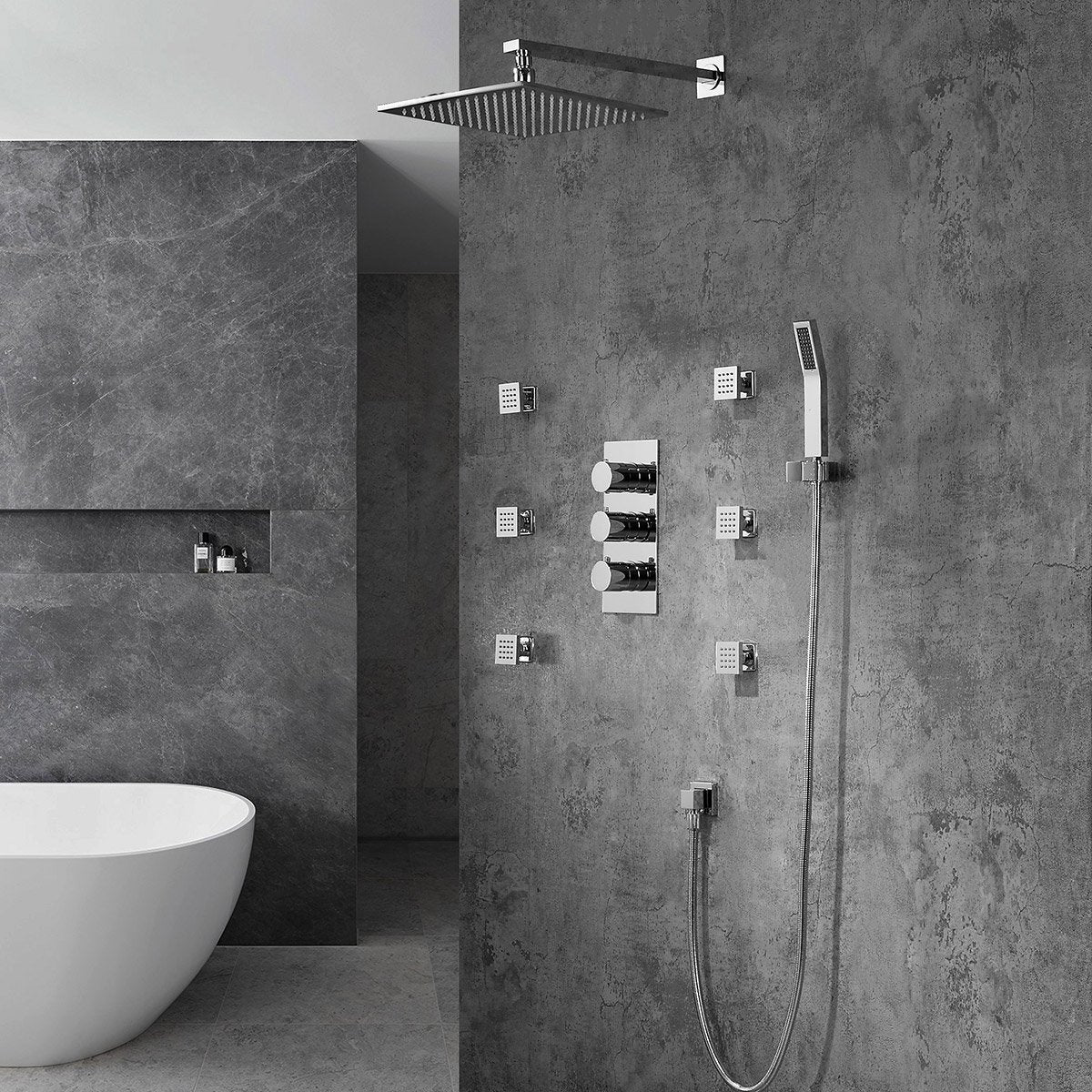 HMR - Wall Mount LED Thermostatic Shower Set with Hand Shower & Body Spray Jets