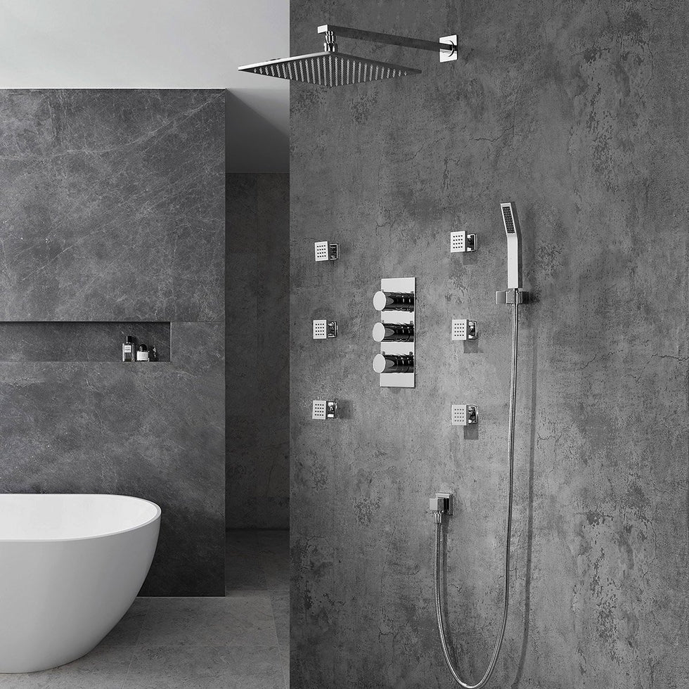 HMR - Wall Mount LED Thermostatic Shower Set with Hand Shower & Body Spray Jets