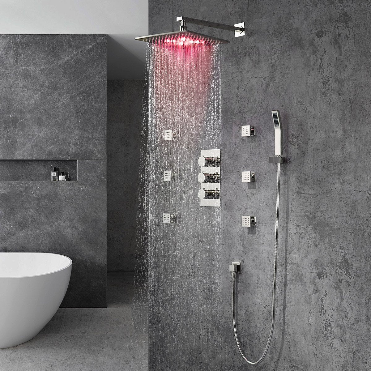 HMR - Wall Mount LED Thermostatic Shower Set with Hand Shower & Body Spray Jets