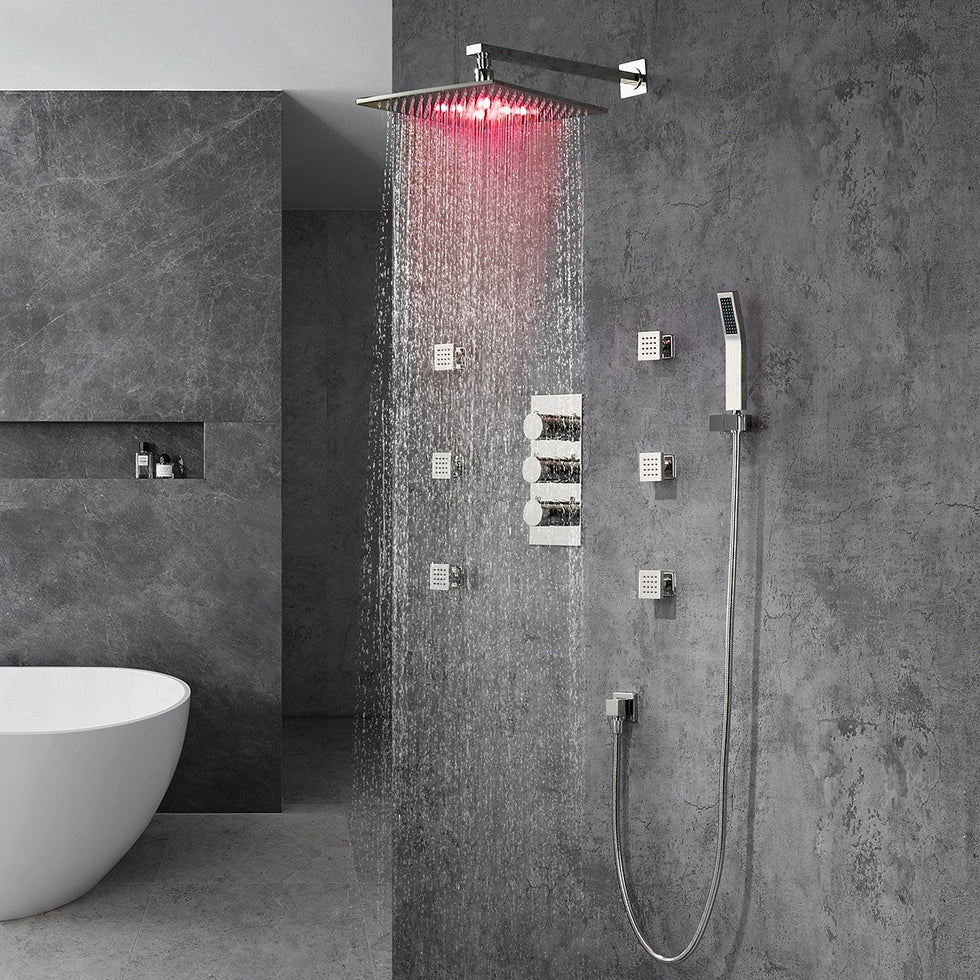 HMR - Wall Mount LED Thermostatic Shower Set with Hand Shower & Body Spray Jets