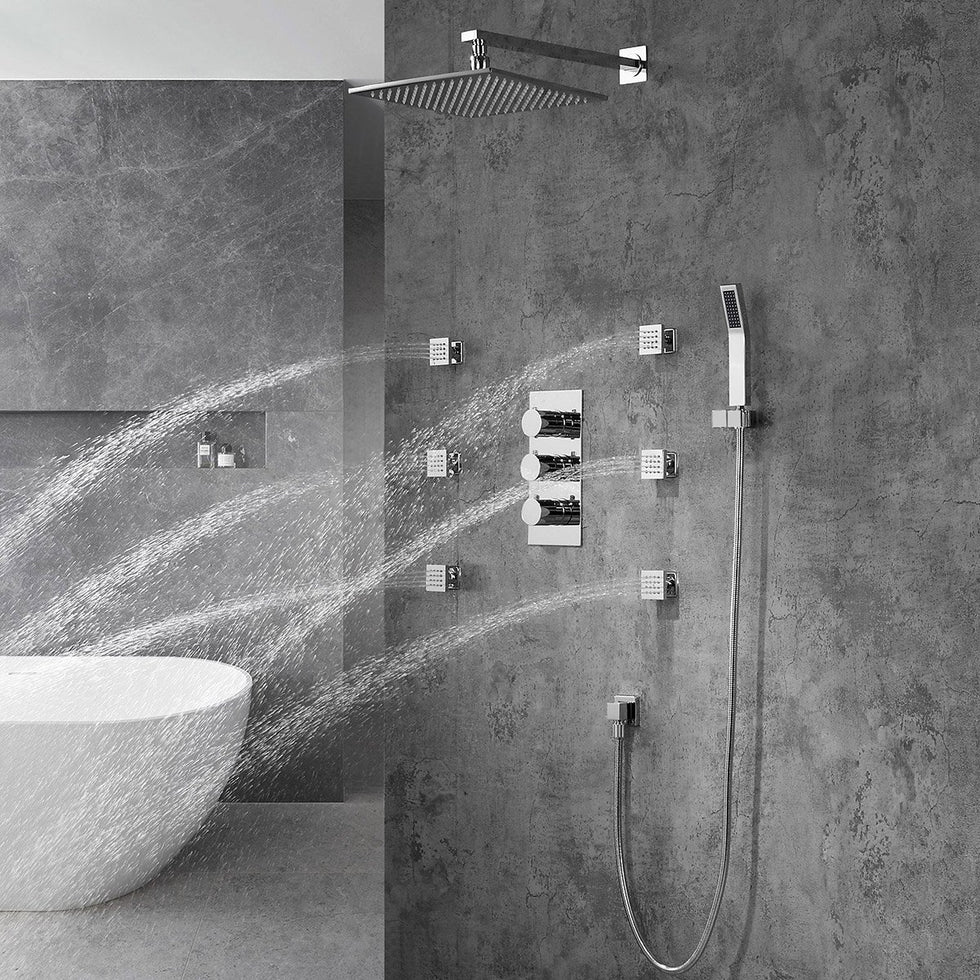 HMR - Wall Mount LED Thermostatic Shower Set with Hand Shower & Body Spray Jets