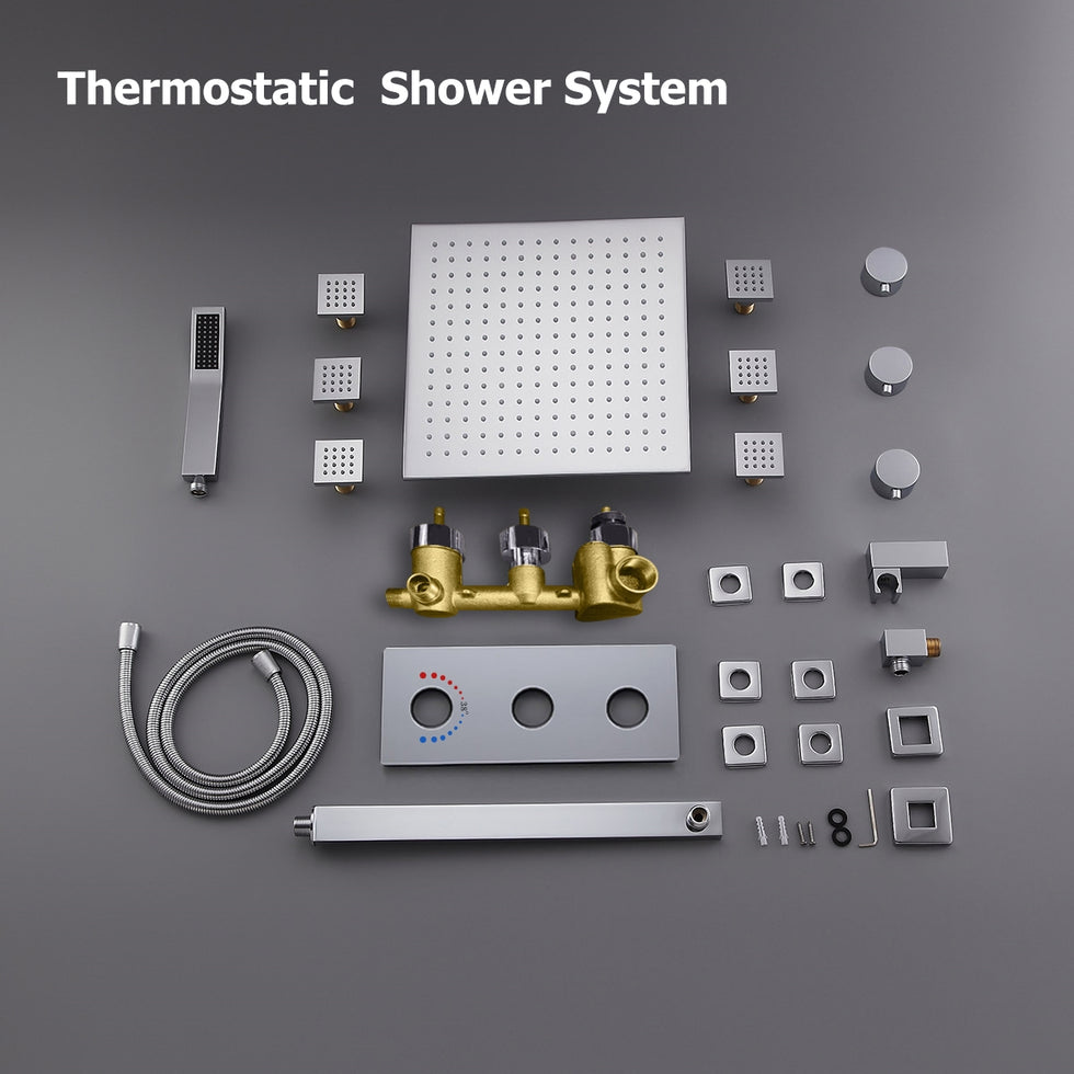 HMR - Wall Mount LED Thermostatic Shower Set with Hand Shower & Body Spray Jets