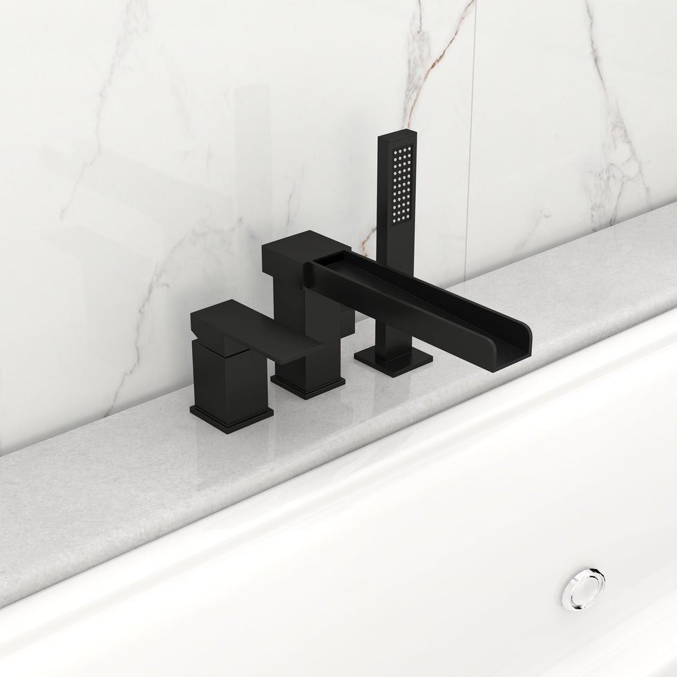 HMR - MILL Deck-Mount Waterfall Faucet with Handshower in Matte Black