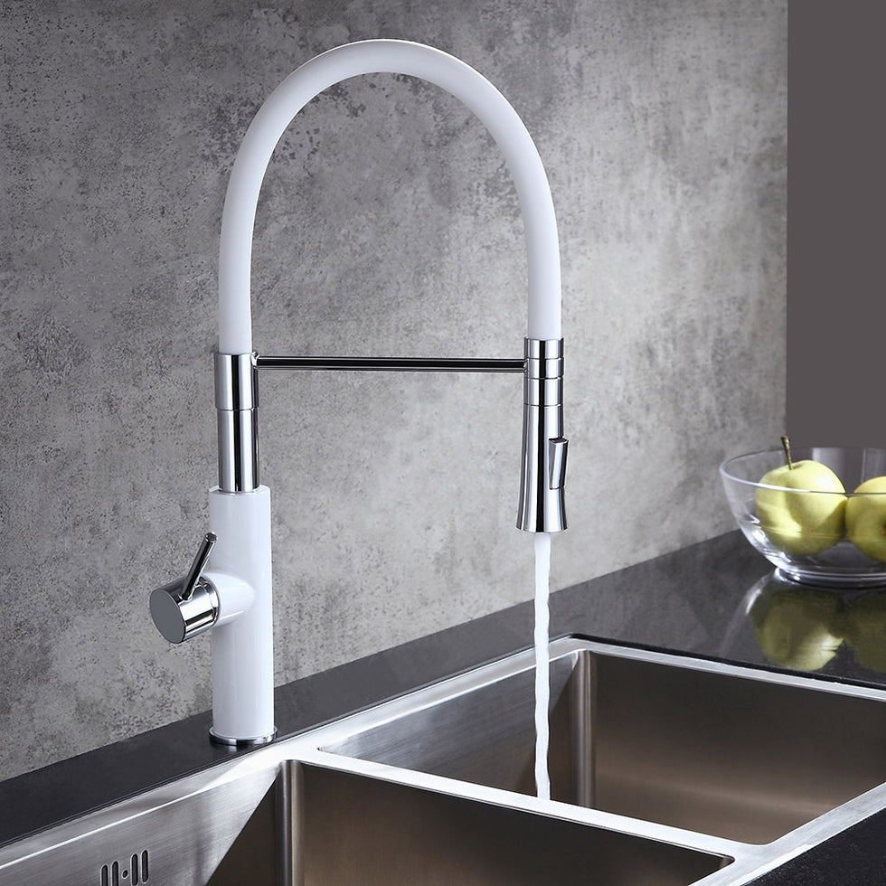 HMR - Single Handle Solid Brass Pull-Down Spray Kitchen Faucet in White