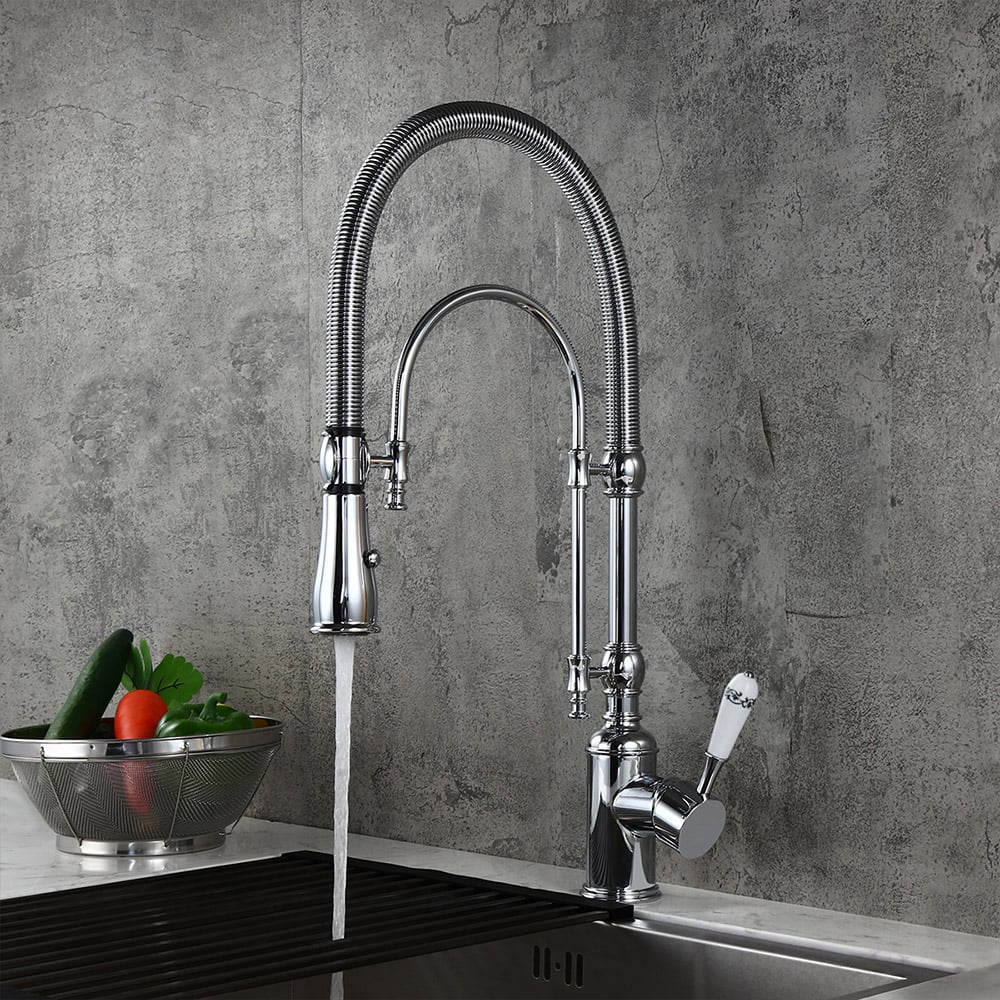 HMR - High Arc Dual-Mode Pull-Down Kitchen Faucet Porcelain Handle with Porcelain Handle