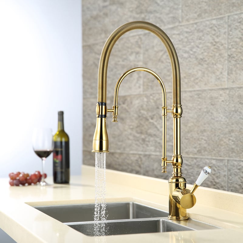 HMR - High Arc Dual-Mode Pull-Down Kitchen Faucet Porcelain Handle with Porcelain Handle