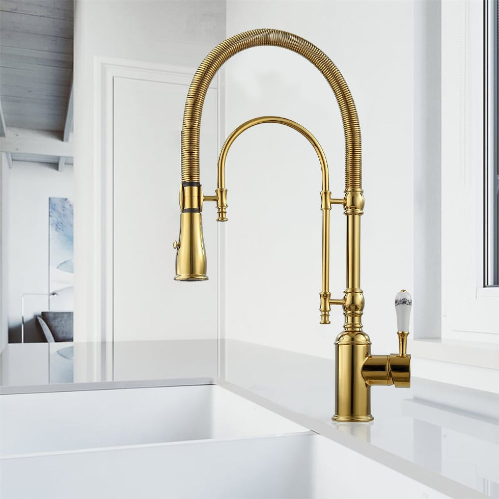 HMR - High Arc Dual-Mode Pull-Down Kitchen Faucet Porcelain Handle with Porcelain Handle