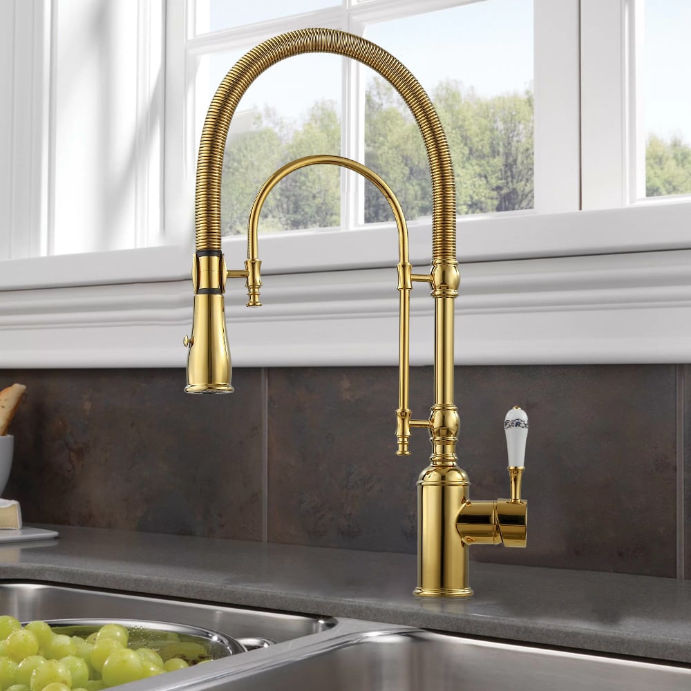 HMR - High Arc Dual-Mode Pull-Down Kitchen Faucet Porcelain Handle with Porcelain Handle