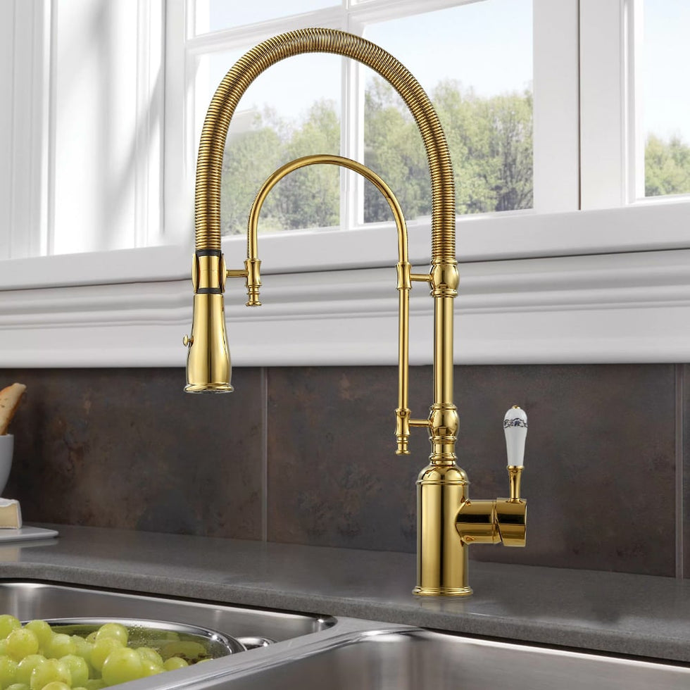 HMR - High Arc Dual-Mode Pull-Down Kitchen Faucet Porcelain Handle with Porcelain Handle
