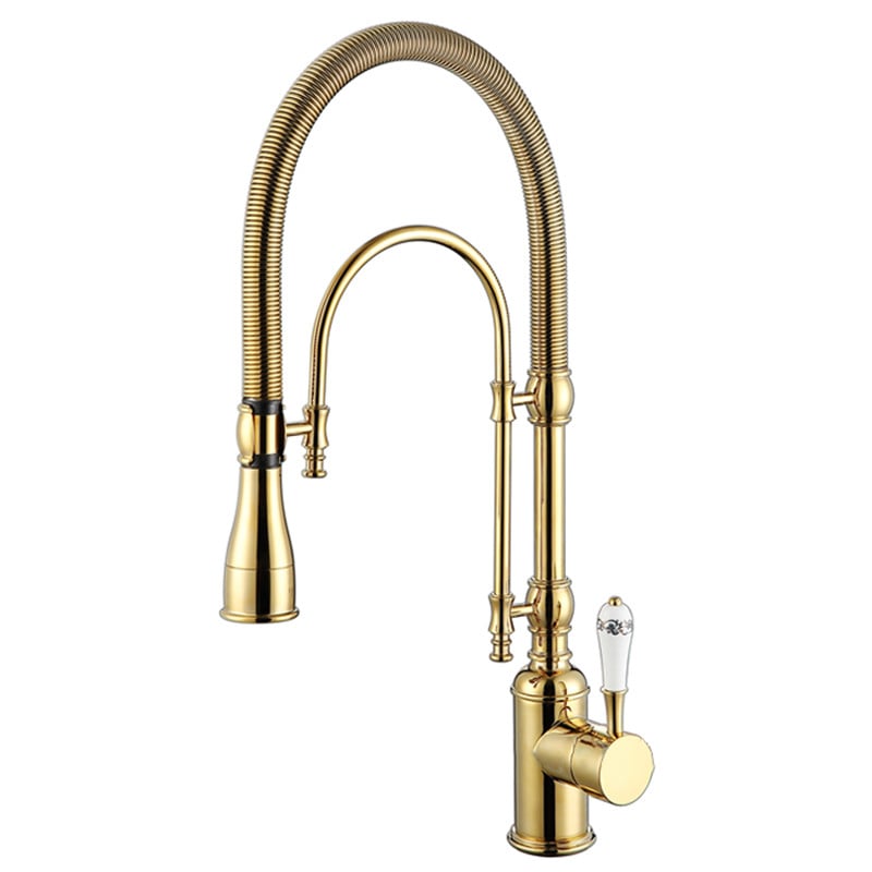 HMR - High Arc Dual-Mode Pull-Down Kitchen Faucet Porcelain Handle with Porcelain Handle