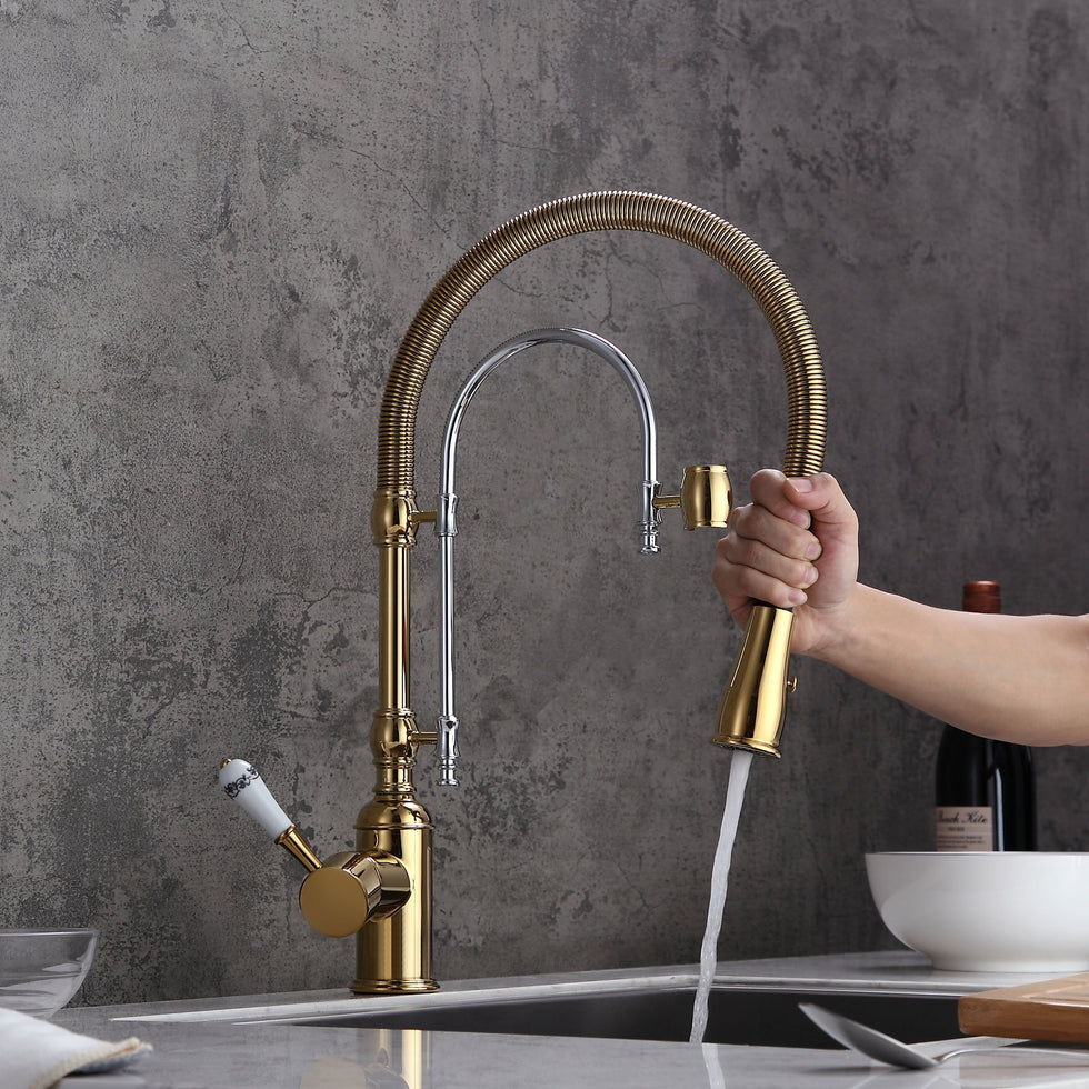 HMR - High Arc Dual-Mode Pull-Down Kitchen Faucet Porcelain Handle with Porcelain Handle