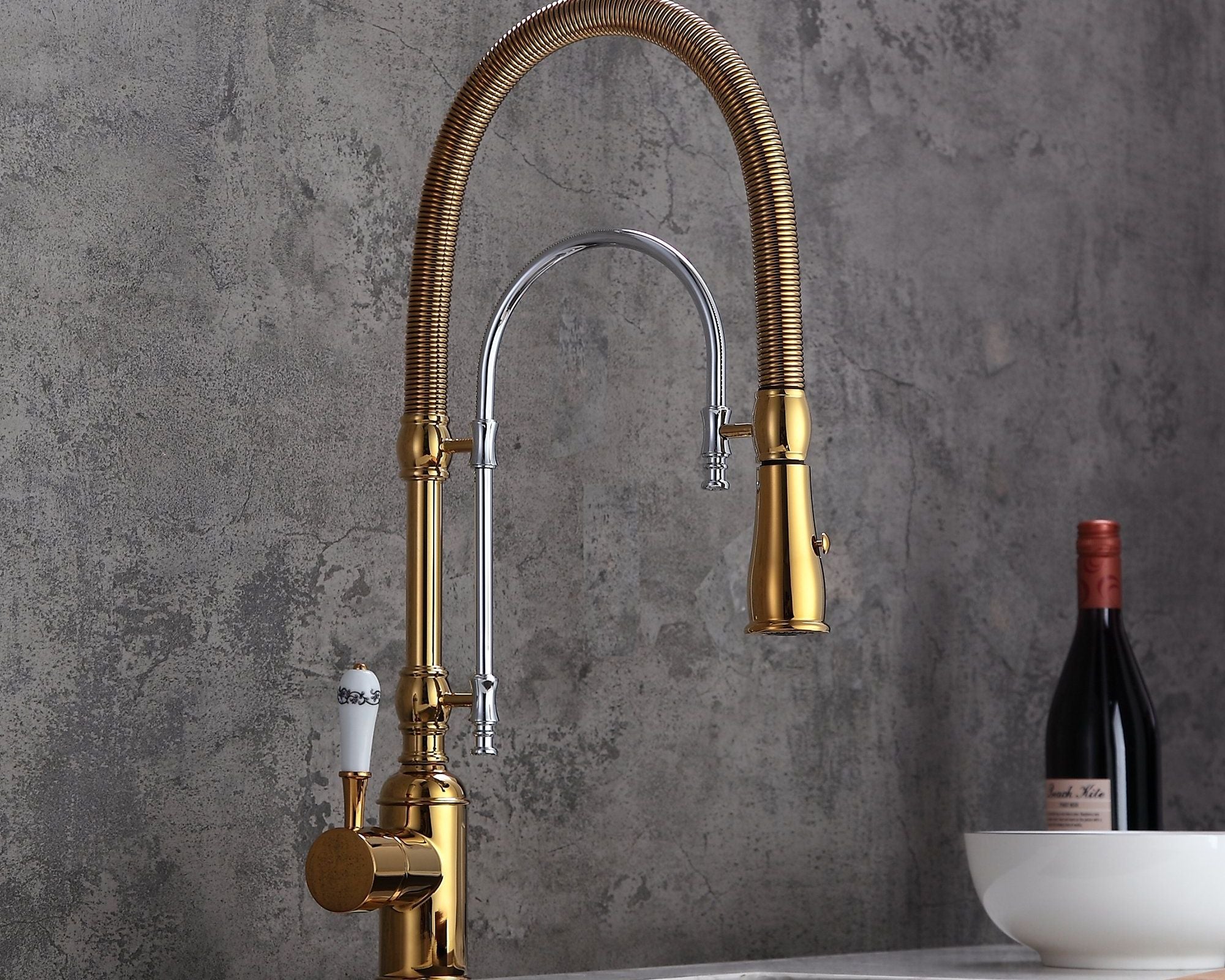 HMR - High Arc Dual-Mode Pull-Down Kitchen Faucet Porcelain Handle with Porcelain Handle