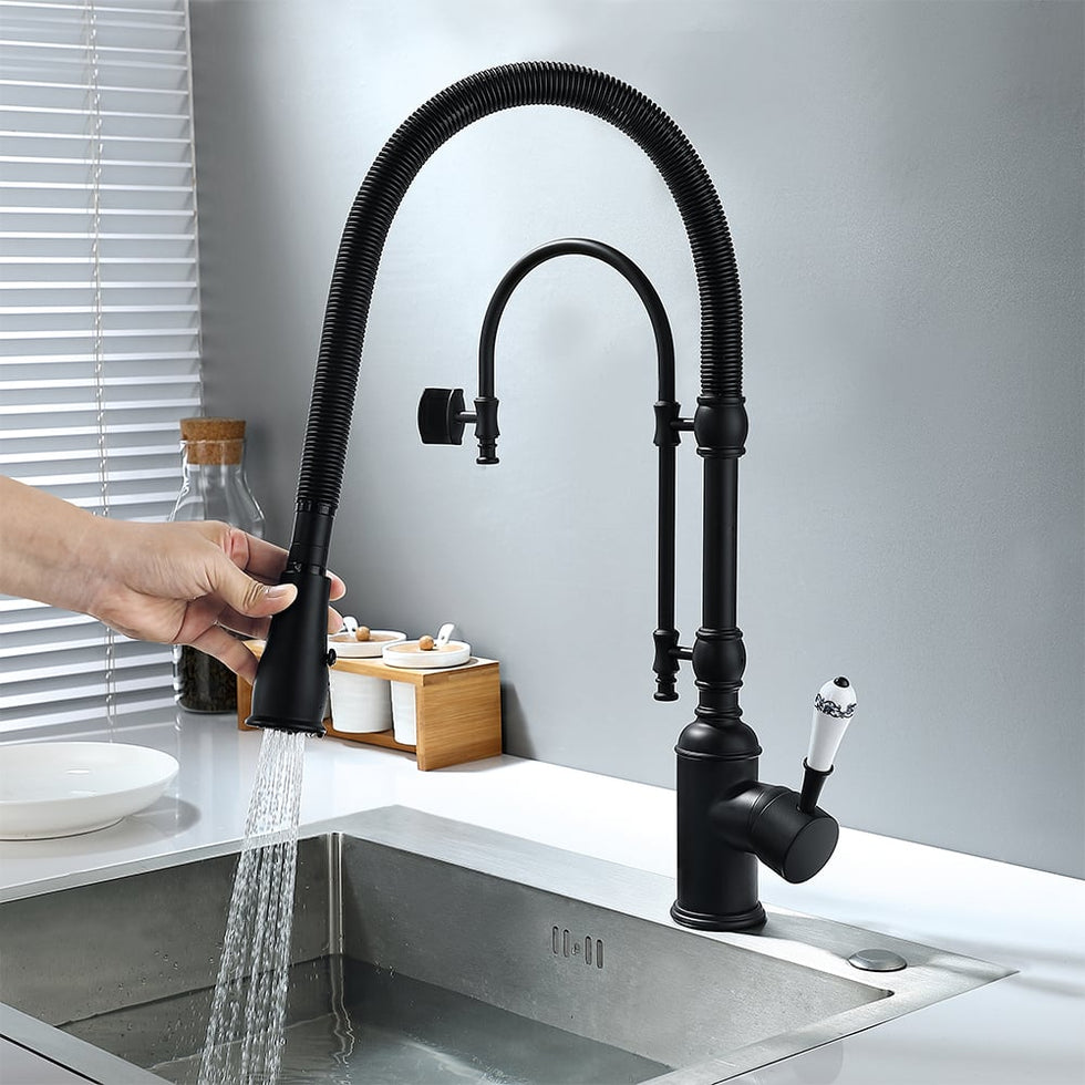 HMR - High Arc Dual-Mode Pull-Down Kitchen Faucet Porcelain Handle with Porcelain Handle