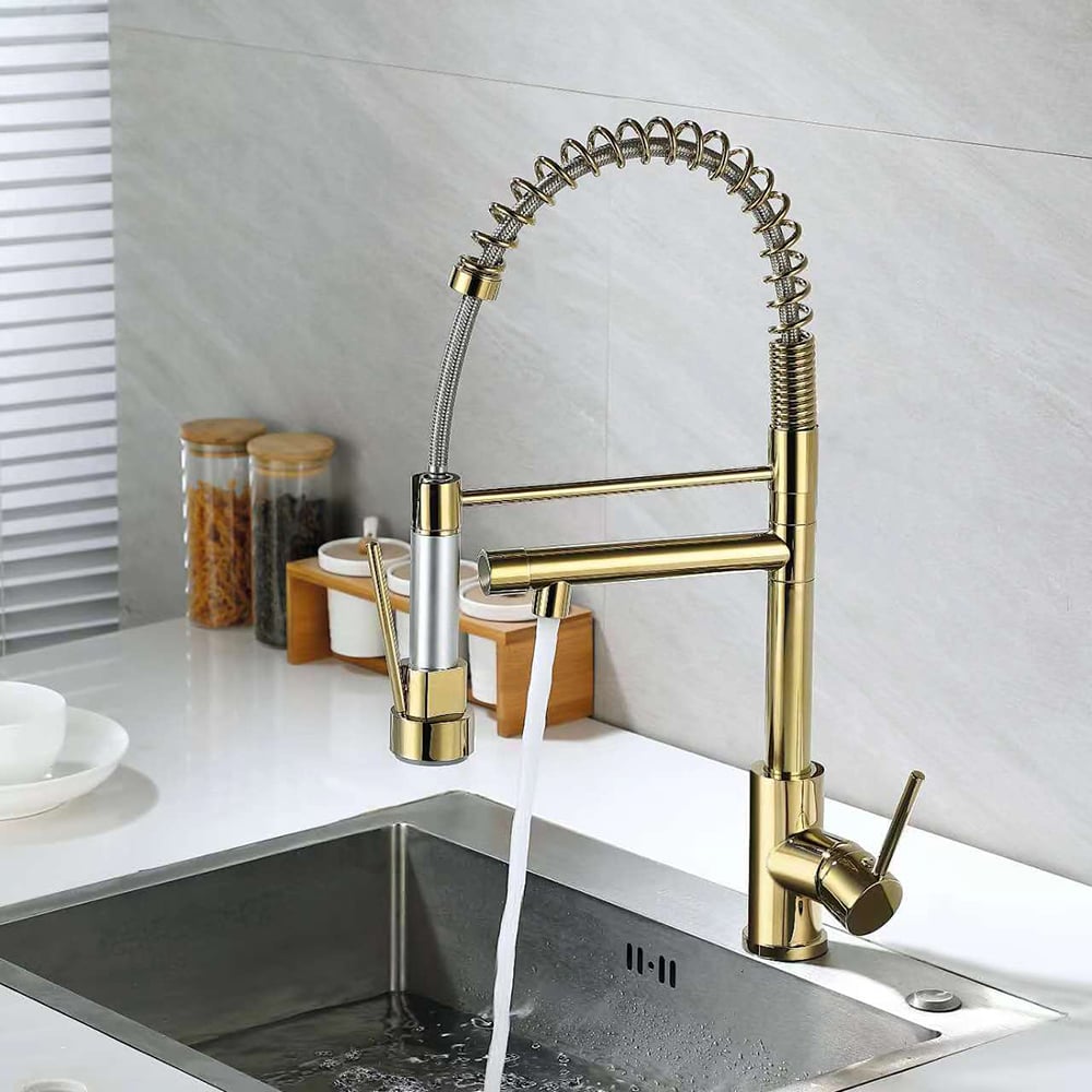 HMR - Brewst Single Hole Double Spout Pull Out Sprayer Kitchen Faucet in Solid Brass