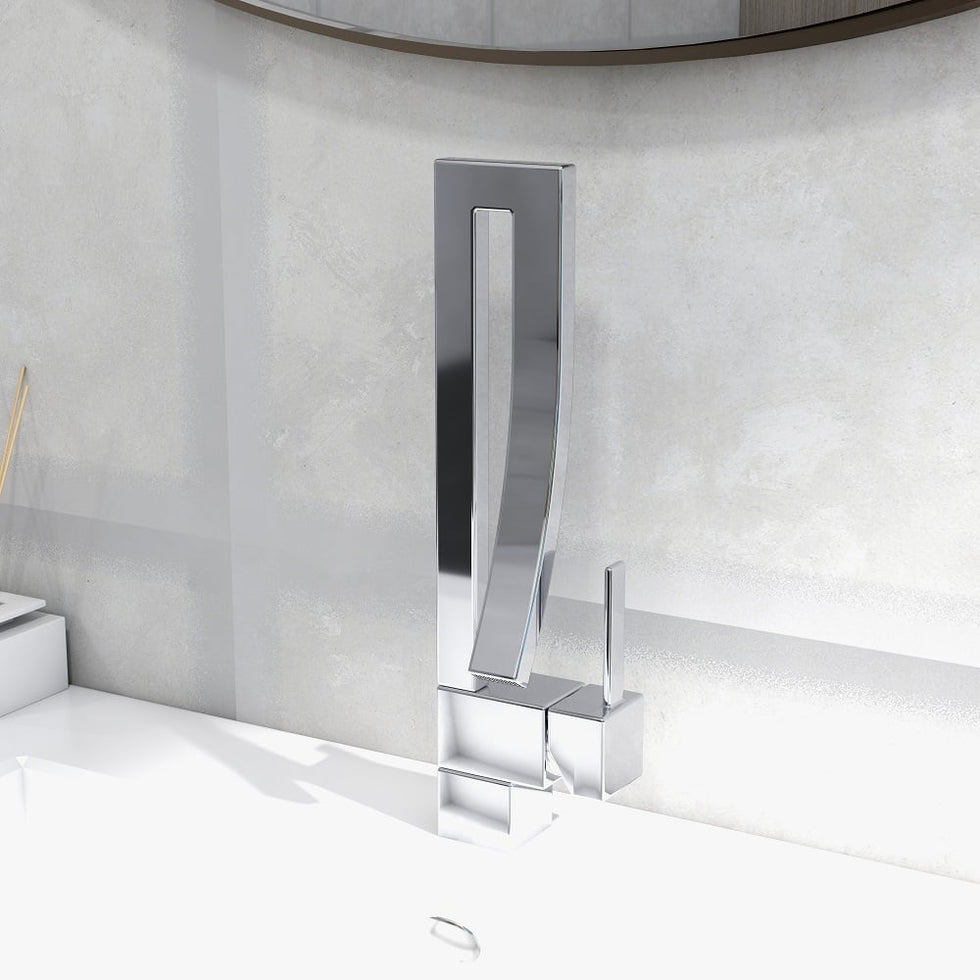 HMR - Modern Single Handle 1-Hole Bathroom Sink Faucet with Waterfall Spout Brass