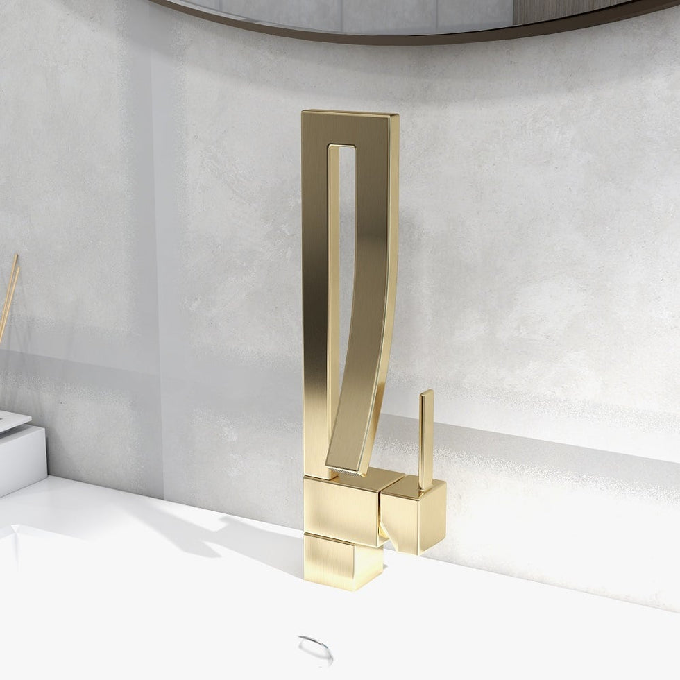 HMR - Modern Single Handle 1-Hole Bathroom Sink Faucet with Waterfall Spout Brass