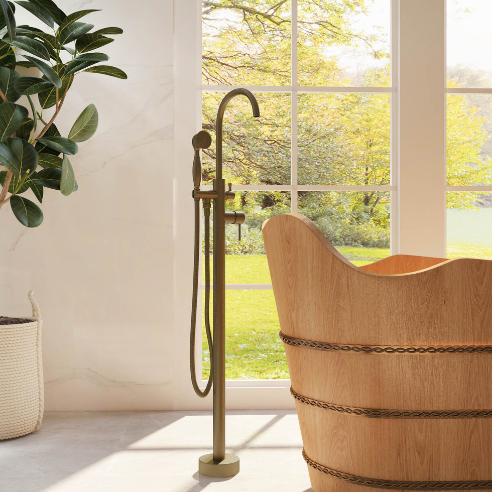 HMR - Swirling Spout Freestanding Tub Faucet with Handshower in Brass