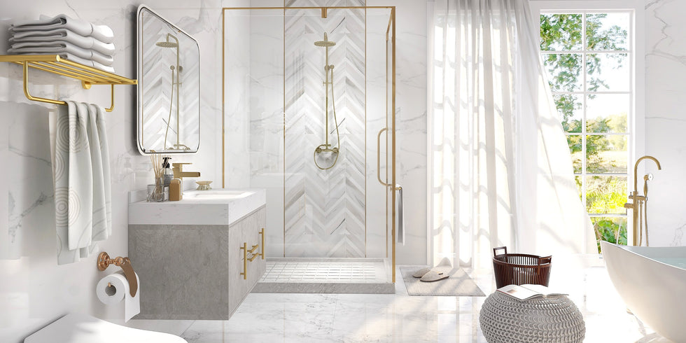 HMR - Swirling Spout Freestanding Tub Faucet with Handshower in Brass