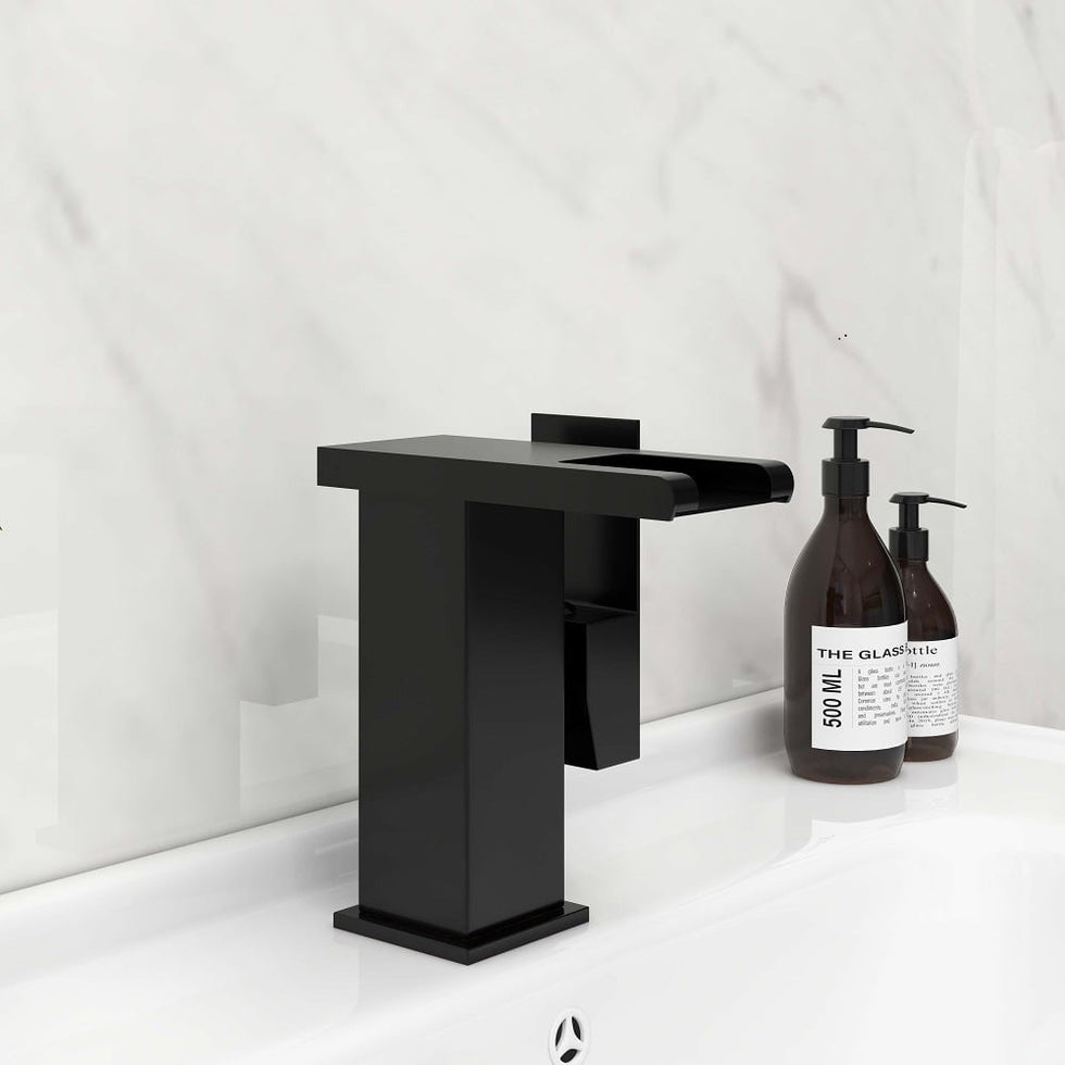 HMR - Waterfall Single Handle Brass Bathroom Sink Faucet with LED in Antique Black