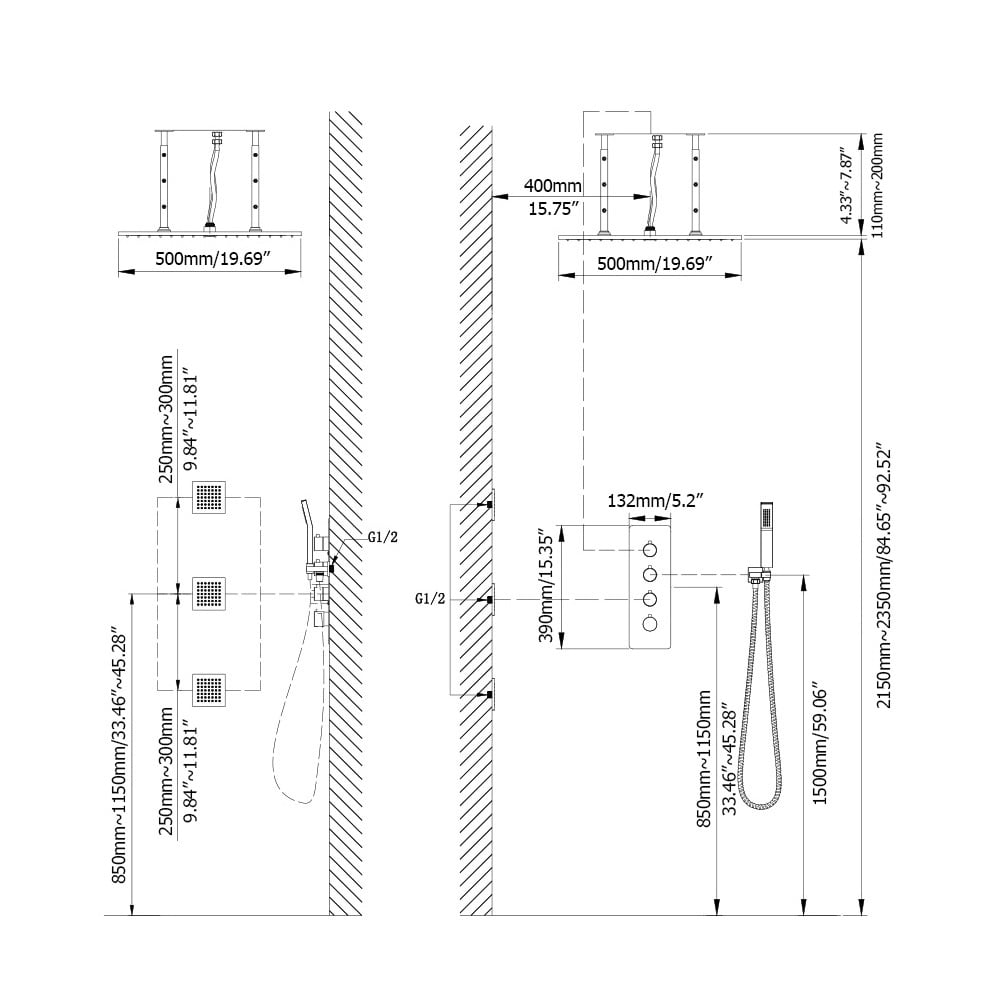 HMR - 20'' Thermostatic Shower System with Hand Shower and 3 Body Jets