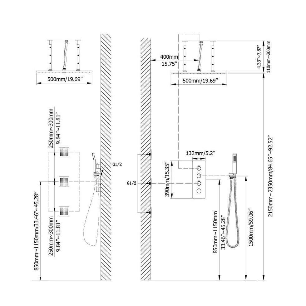 HMR - 20'' Thermostatic Shower System with Hand Shower and 3 Body Jets