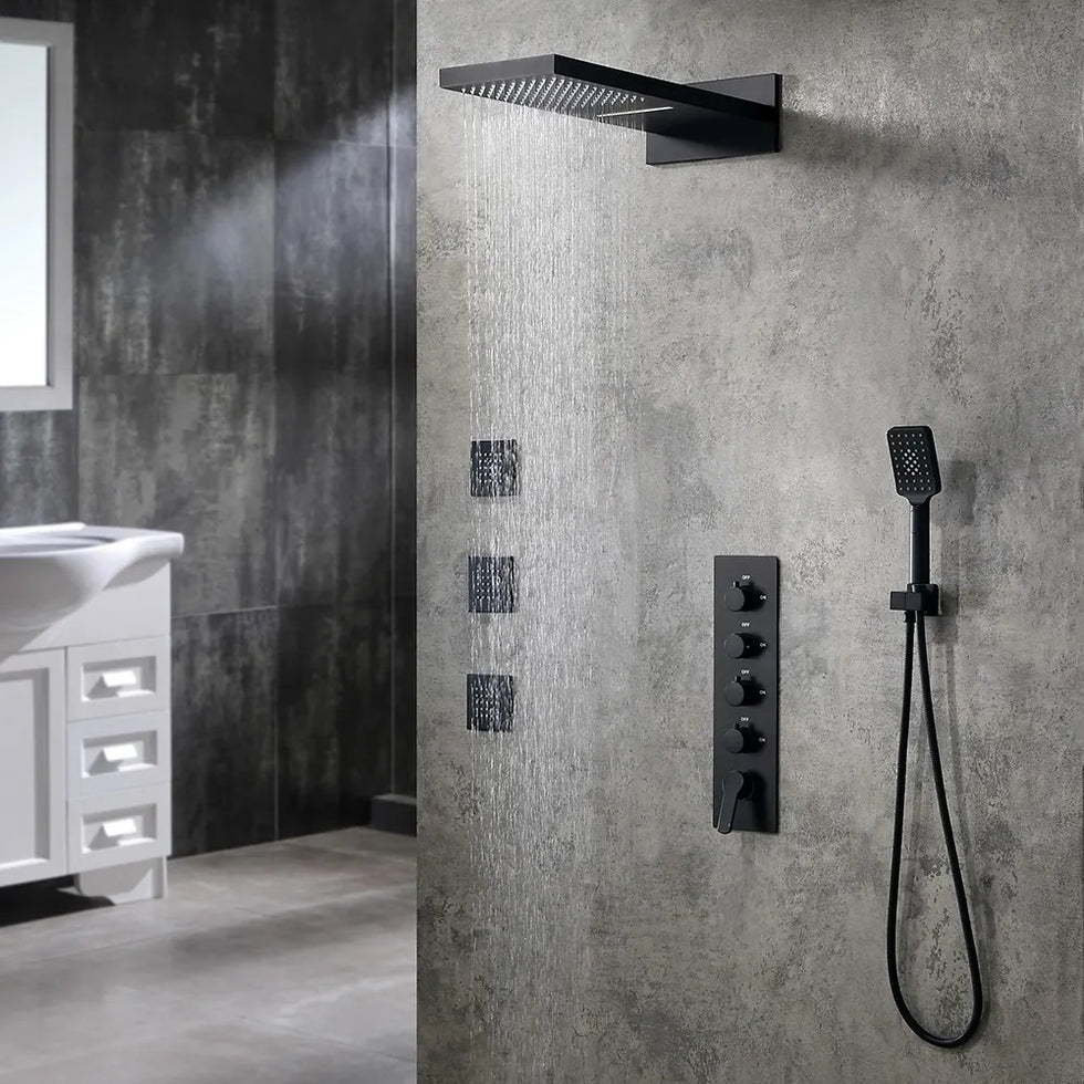 HMR - Wall Mounted Waterfall Rain Thermostatic Shower System with 3 Body Sprays