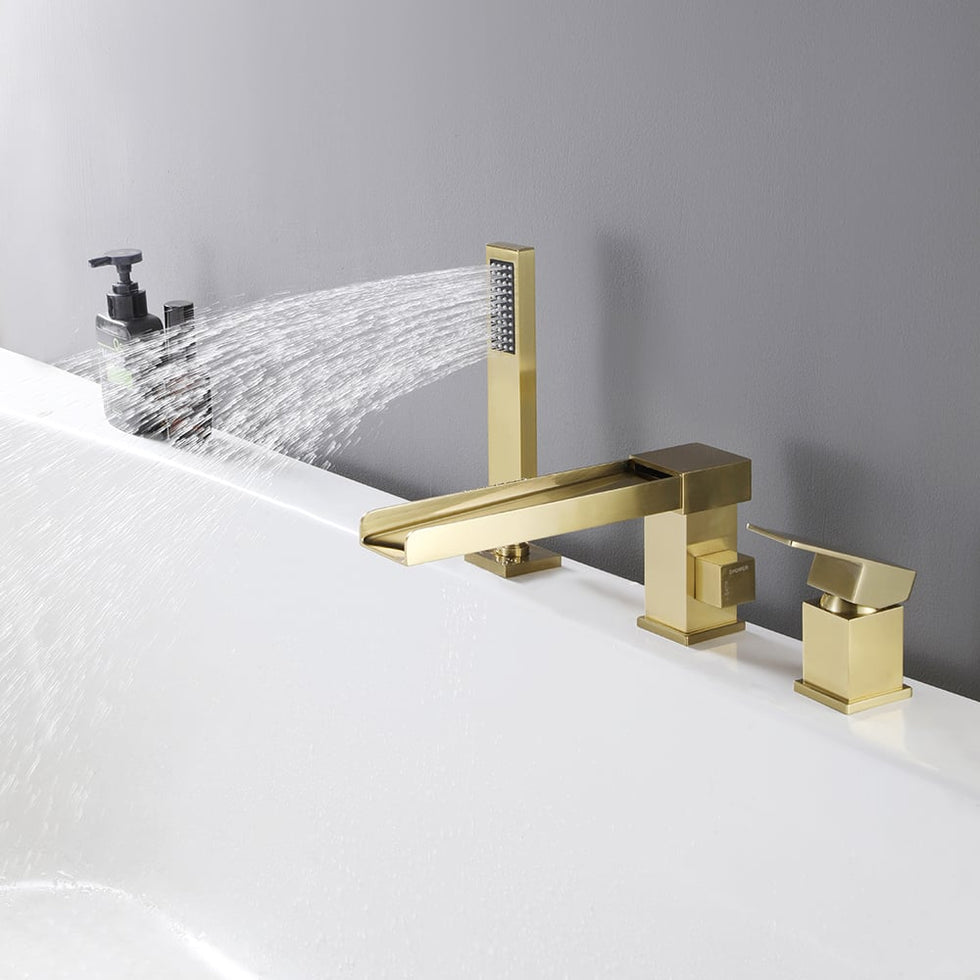 HMR - Mill Deck-Mount Waterfall Faucet with Handshower in Brushed Gold