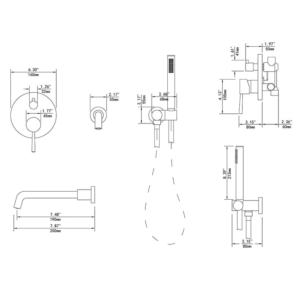 HMR - Stev Series Modern Wall-Mount Swivel Bathtub Filler Faucet with Handshower