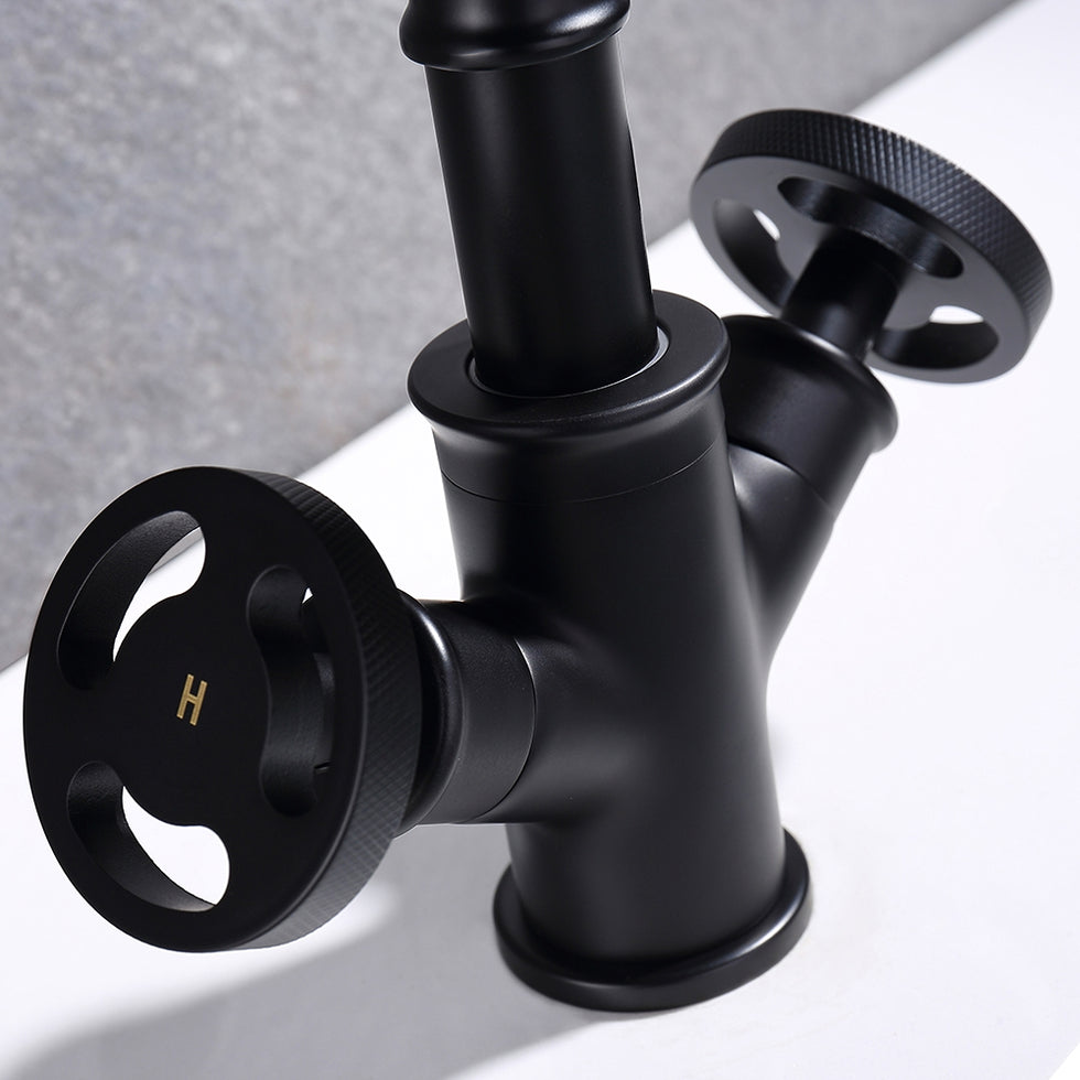 HMR - Ruth Pipe 1-Hole Sink Faucet Double Handles in Matte Black, Brass