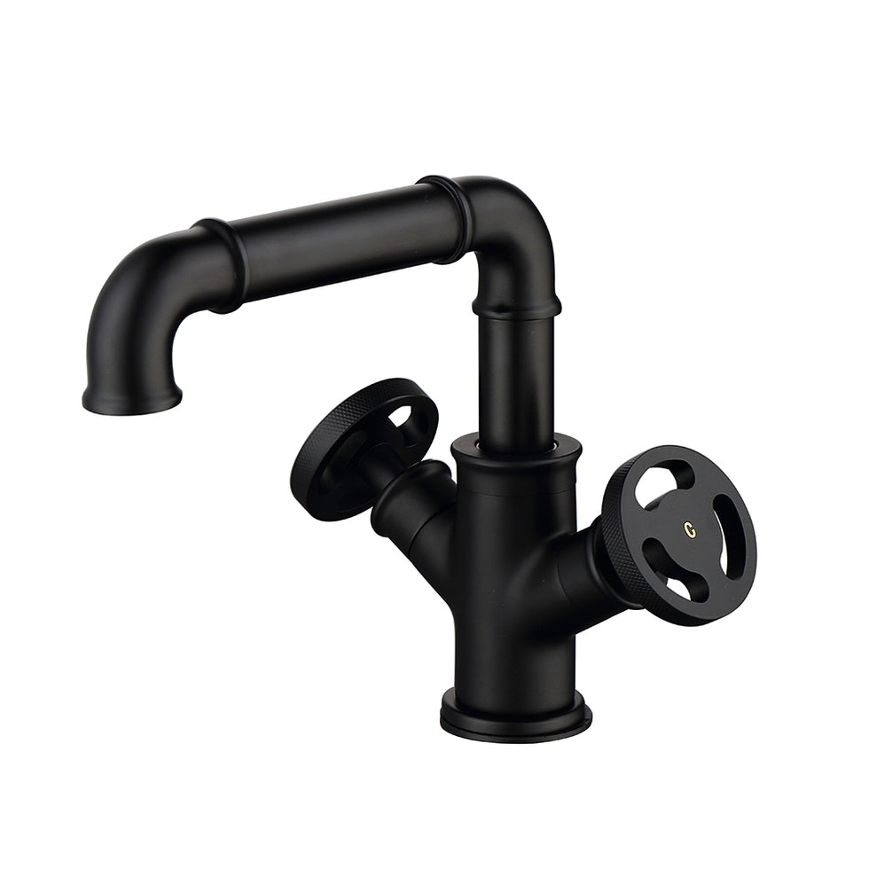 HMR - Ruth Pipe 1-Hole Sink Faucet Double Handles in Matte Black, Brass