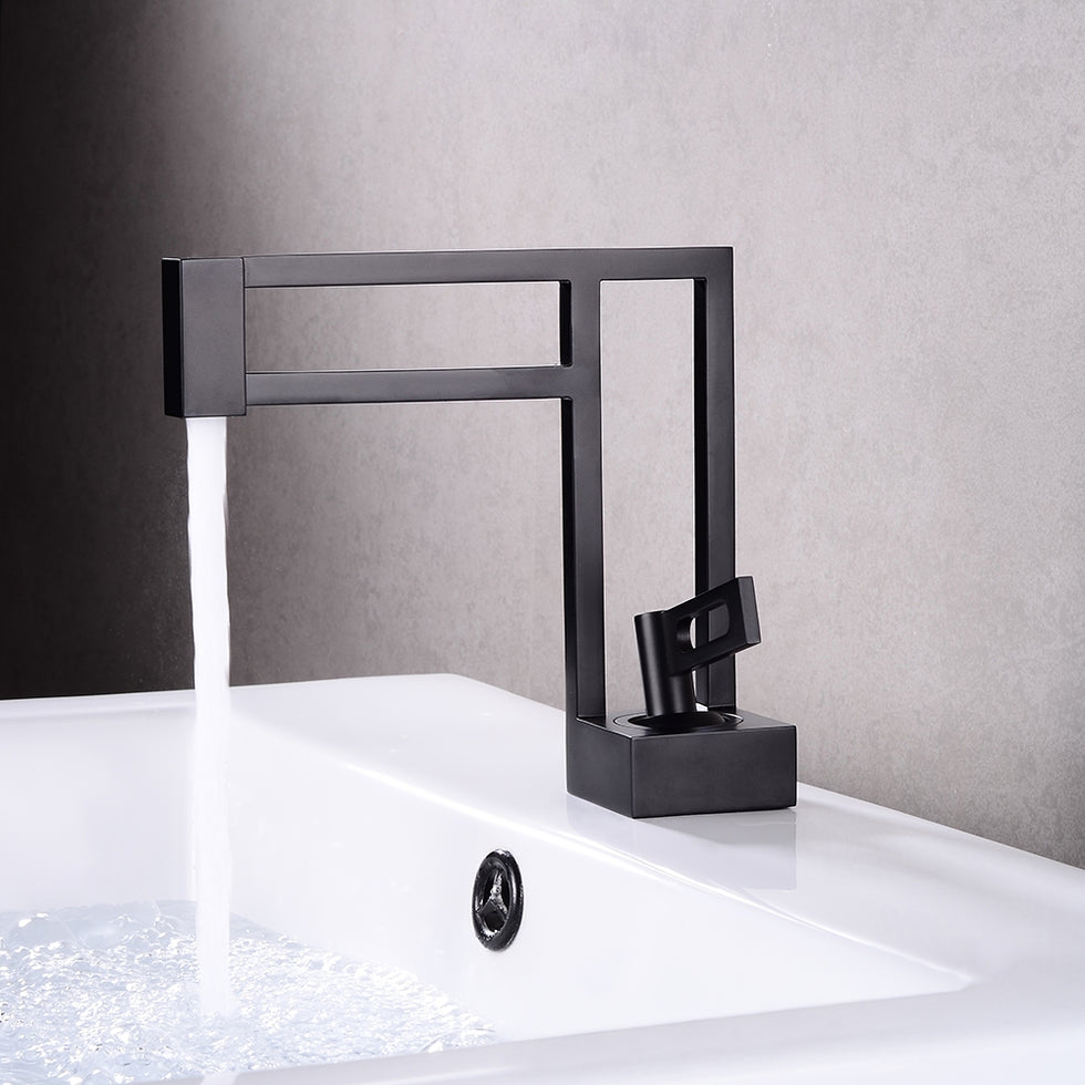 HMR - Geometric Bathroom Sink Faucet Solid Brass Architectural Design in Black