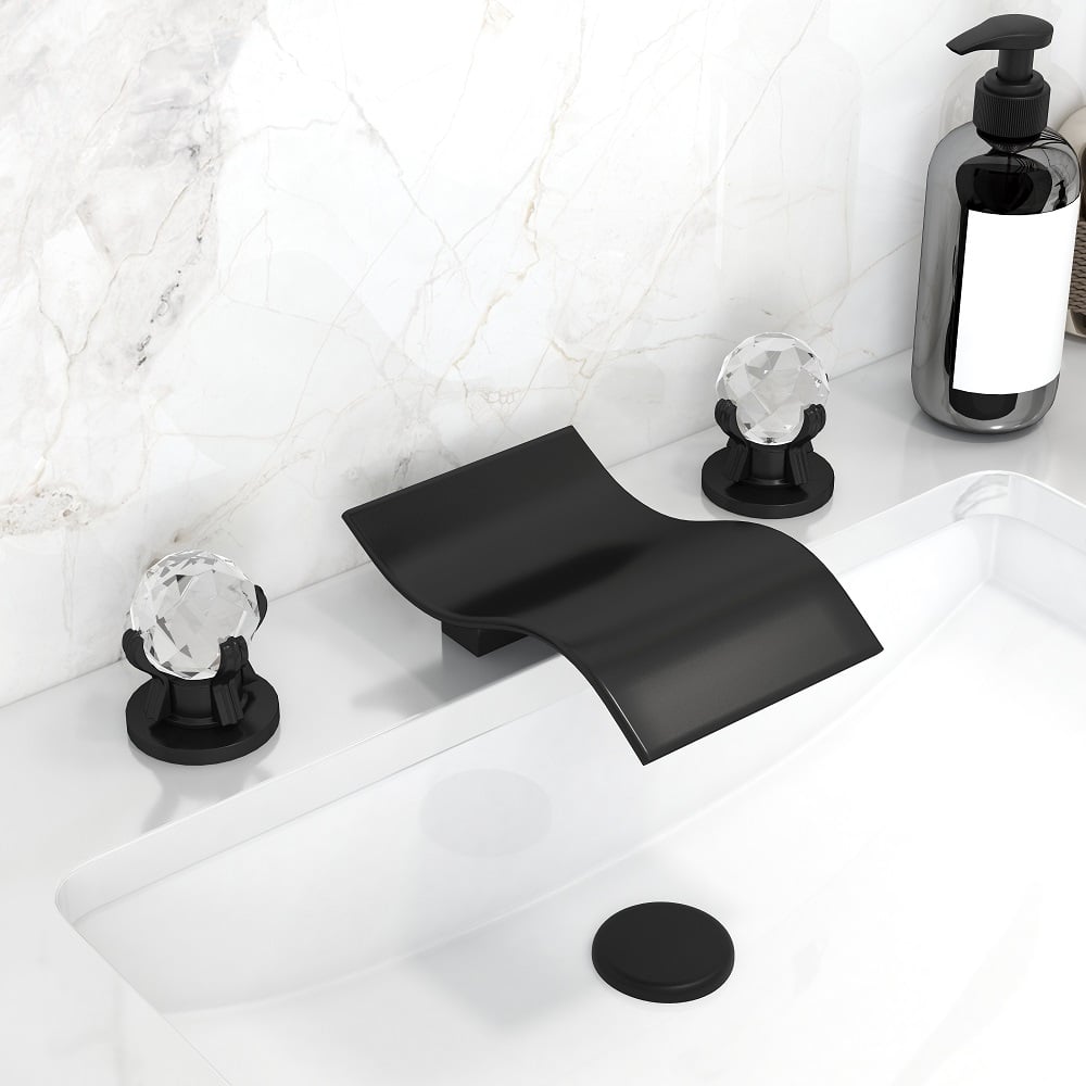 HMR - Deck Mount Widespread Waterfall 2 Crystal Handle Bathroom Sink Faucet